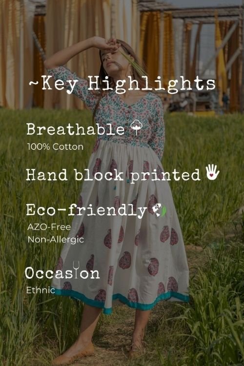 Azofree Handblock Printed Pure Cotton Dress - 'Paisley in the Garden' Floral Design | Comfortable & Breathable for Summer Outings, Beach Vacations & Boho Fashion