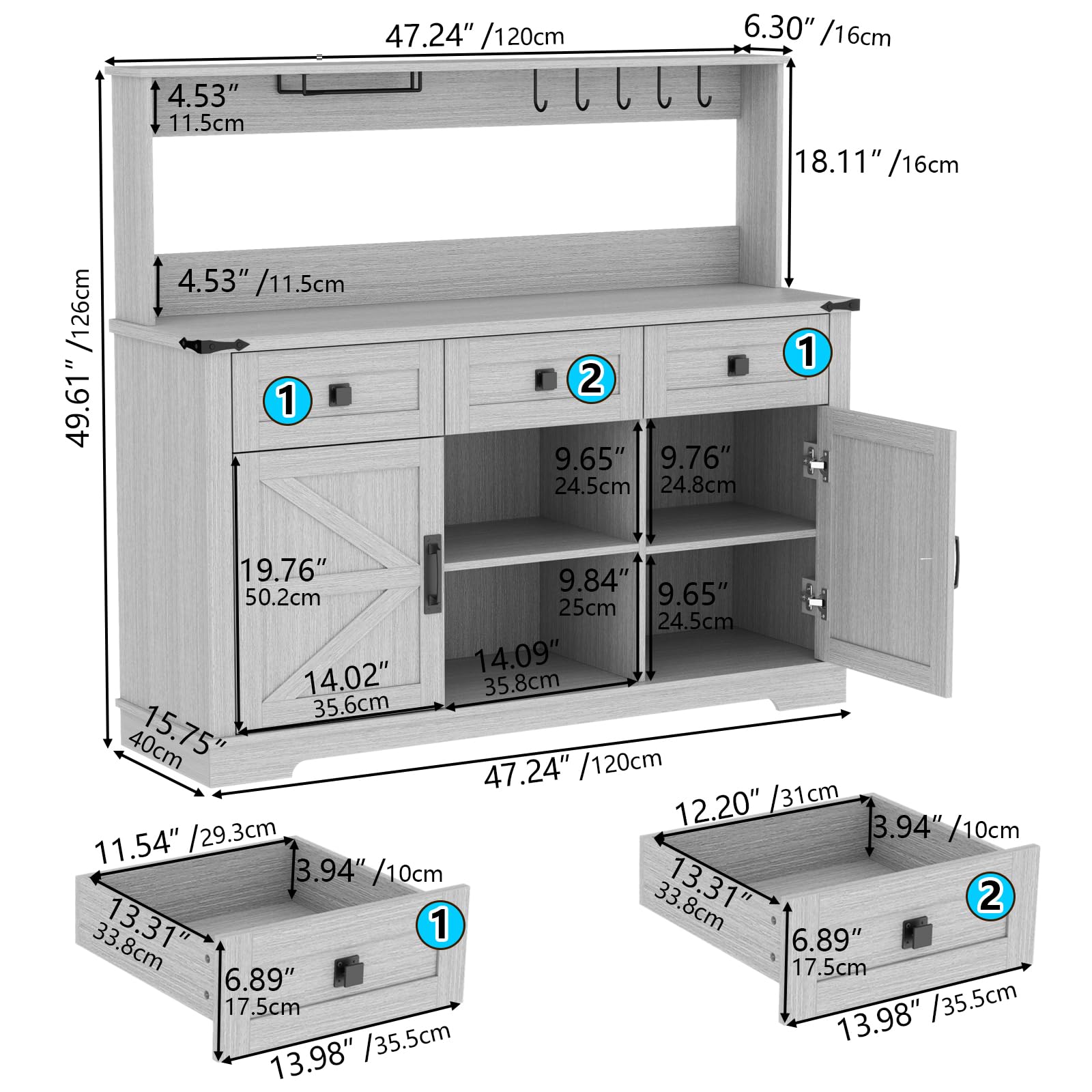 Farmhouse Bar Cabinet with Hutch - Kitchen Buffet Storage Cabinet with 3 Sliding Drawers, Adjustable Shelves & Goblet Holder - Grey - Perfect for Living Room, Dining Room, Home Bar & Entertaining