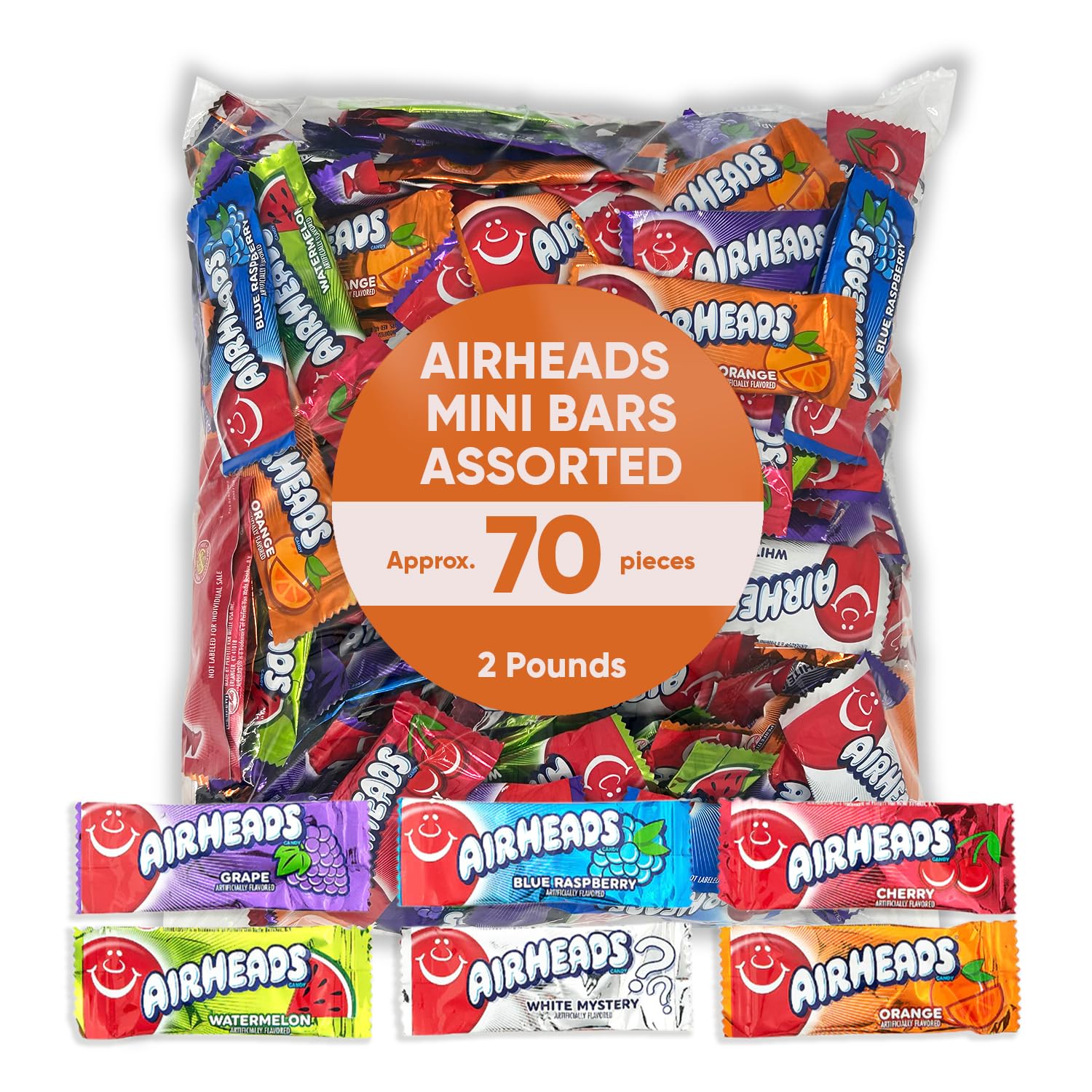 Airheads Mini Bars 2 Pounds (70 Pieces) - Individually Wrapped Assorted Fruit Flavors (Cherry, Grape, Orange, Watermelon & Mystery) - Bulk Hard Candy for Kids, Parties & Movie Nights - Perfect for Halloween, Christmas, Birthdays & Family Gatherings - Fun Snacks for School Lunches, Office Treats & Candy Buffets