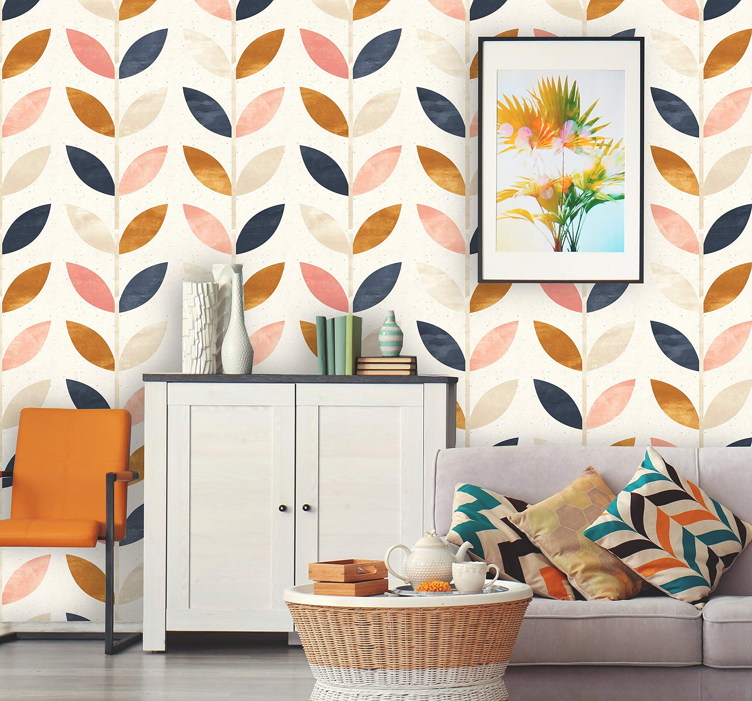 Self-Adhesive Removable Wallpaper - Rose Gold Blue Floral Peel and Stick Wall Mural for Nursery, Baby Room, Bedroom Decor | Scandinavian Design (24
