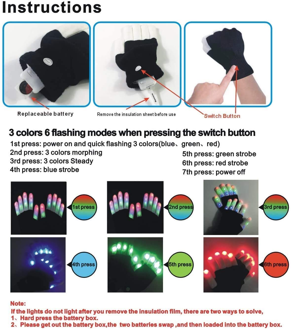 LED Gloves for Kids - 3 Color & 6 Mode Flashing Light Up Gloves - Christmas Halloween Party Toys - Perfect for Night Parties, Raves, Concerts and Festivals