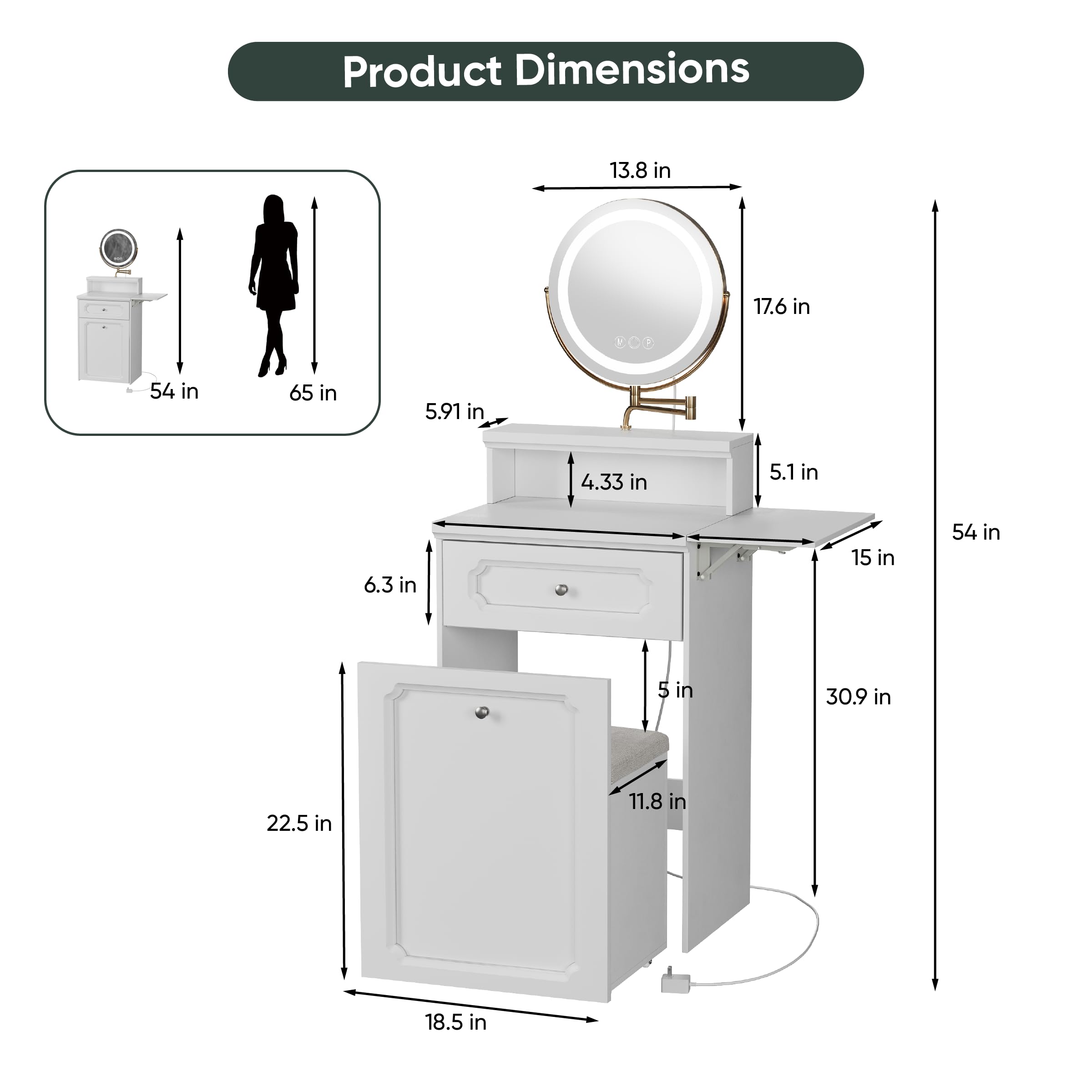 3 in 1 Small Vanity Makeup Desk with Rotatable Mirror & LED Lights - White Compact Makeup Table with Adjustable Lighting & Stool - Space Saving Corner Vanity with Foldable Panel for Bedroom, Dorm or Small Apartment