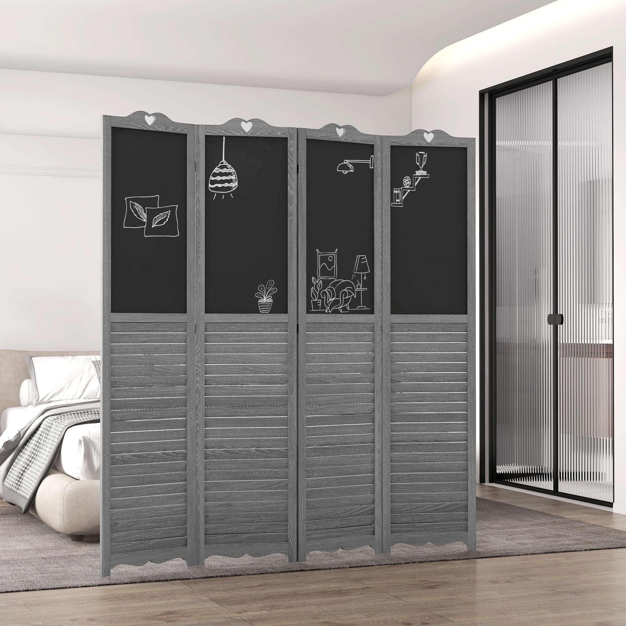 HOMCOM 4-Panel Folding Room Divider with Blackboard - 5.5 Ft Tall Freestanding Privacy Screen for Bedroom, Office, or Classroom - Gray - Perfect for Space Partition, Home Decor, and Creative Writing Surfaces