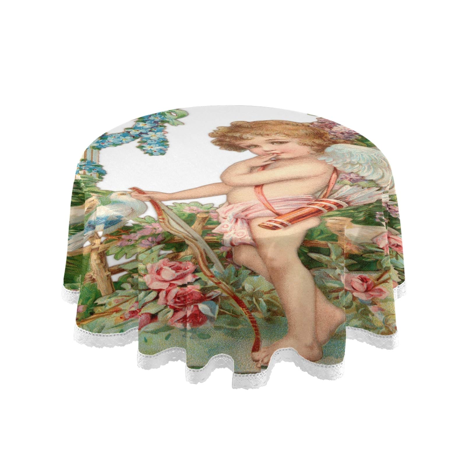 Vintage Valentine Cupid Floral Round Tablecloth - Romantic Red Love Heart Design, Washable Polyester Table Cover for Kitchen, Party, Picnic & Dining Decor (60 Inch) - Perfect for Valentine's Day, Anniversary Celebrations & Romantic Dinner Settings