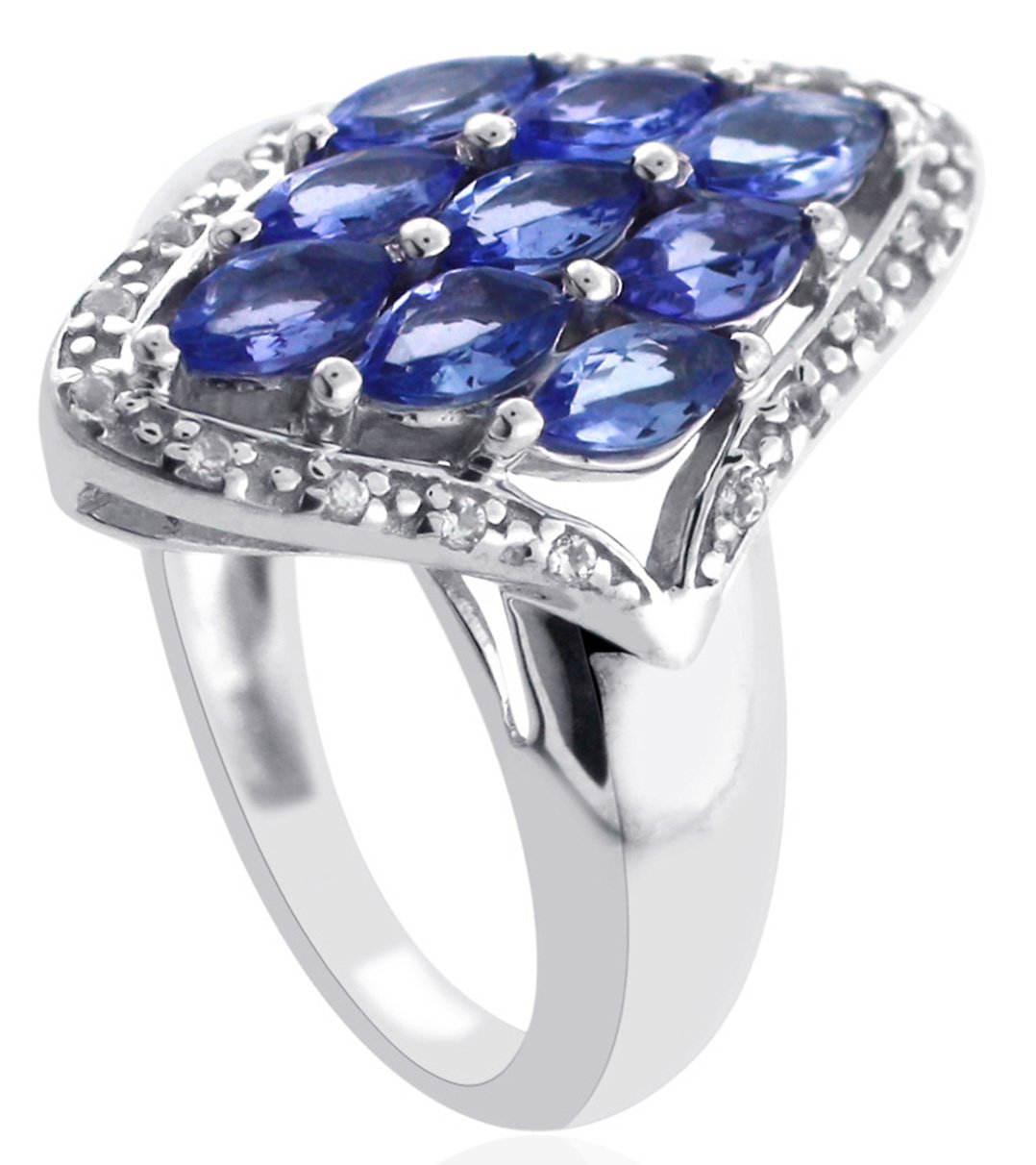 925 Sterling Silver Marquise Cut Tanzanite Engagement Ring for Women - 2.40 Carat Total Weight, Elegant Cluster Design - Perfect for Proposals, Anniversaries & Special Occasions