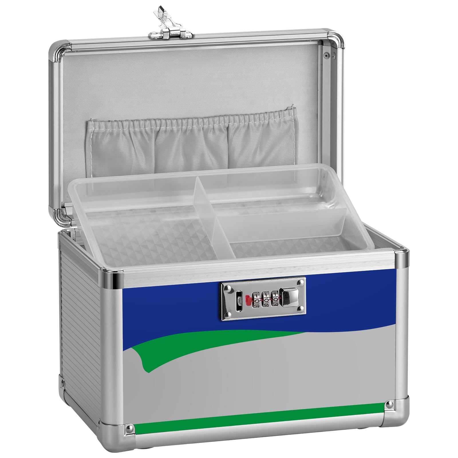 Secure Combination Lock Medicine Storage Box - 10 x 6 x 6.7 Inch Portable First Aid Safe for Medications & Valuables - Home, Travel & Outdoor Use - Silver (No Strap) - Perfect for Childproofing, Emergency Kits & Personal Item Protection