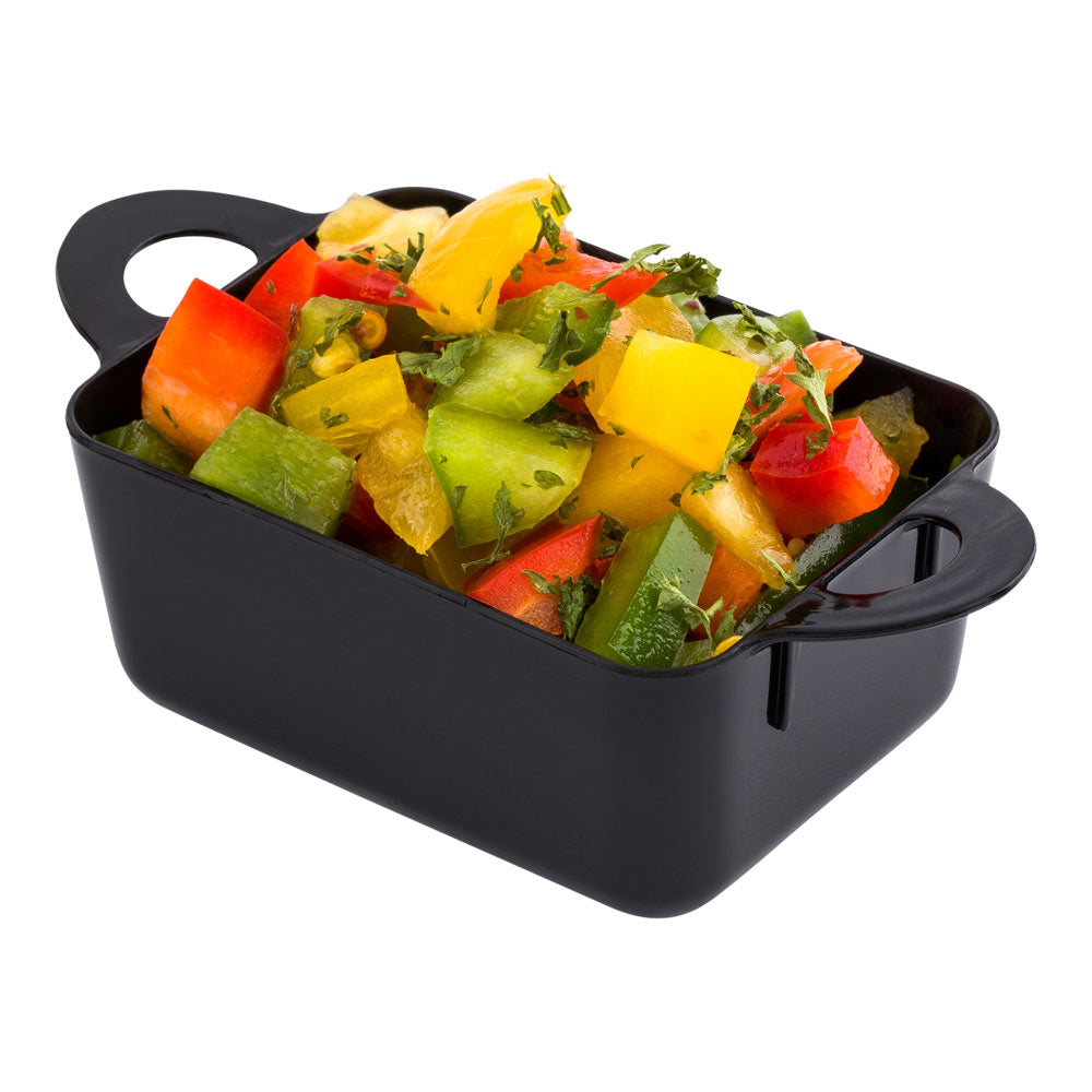 100 Pack 3 oz Rectangle Black Plastic Ramekins with 100 Silver Plastic Mini Forks - Perfect for Catering, Desserts, and Party Appetizers