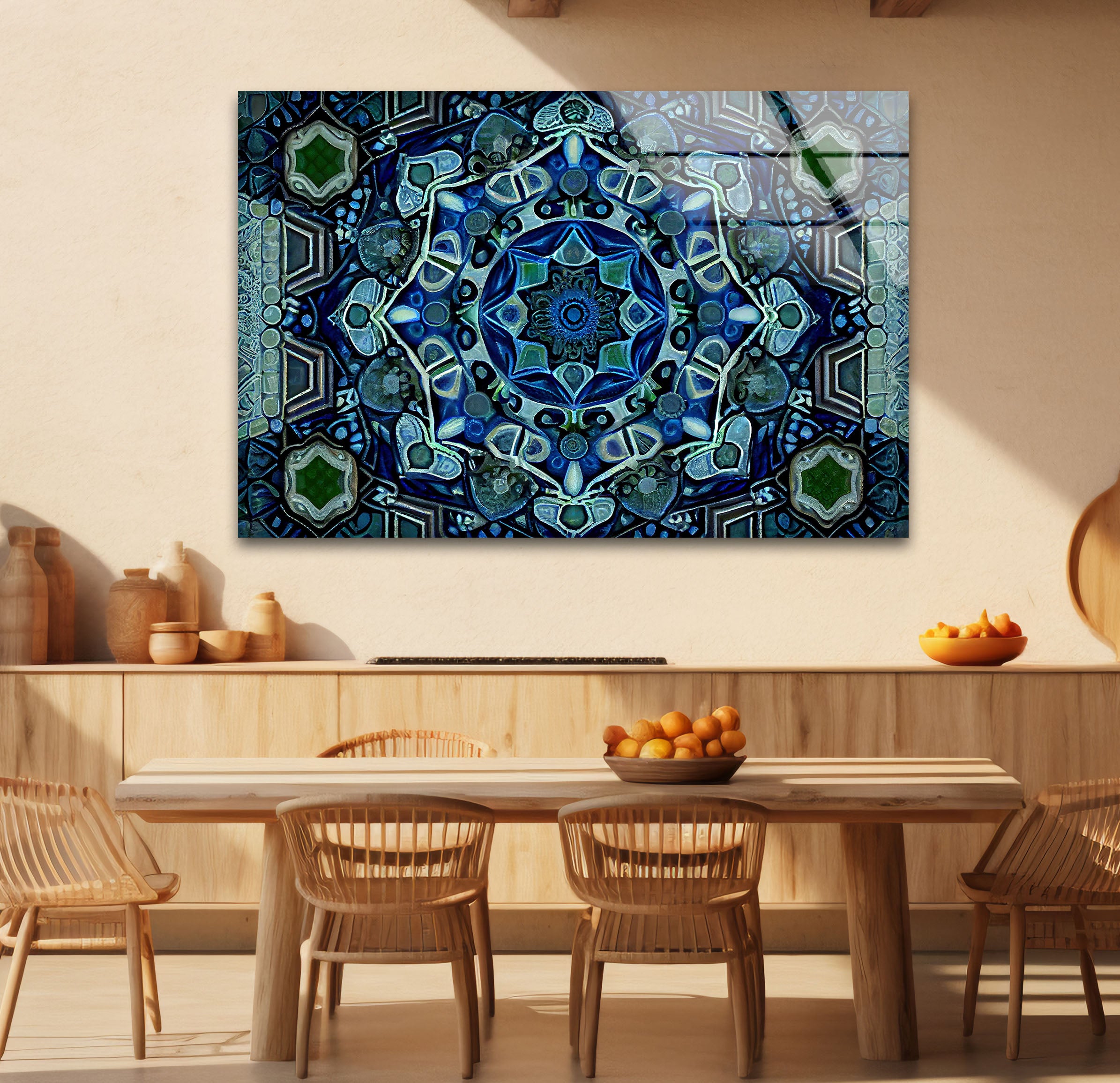 Blue Mandala Glass Wall Art – Handcrafted Intricate Geometric Design for Modern Home & Office Decor | Meditation Room, Yoga Studio & Spiritual Space Decor