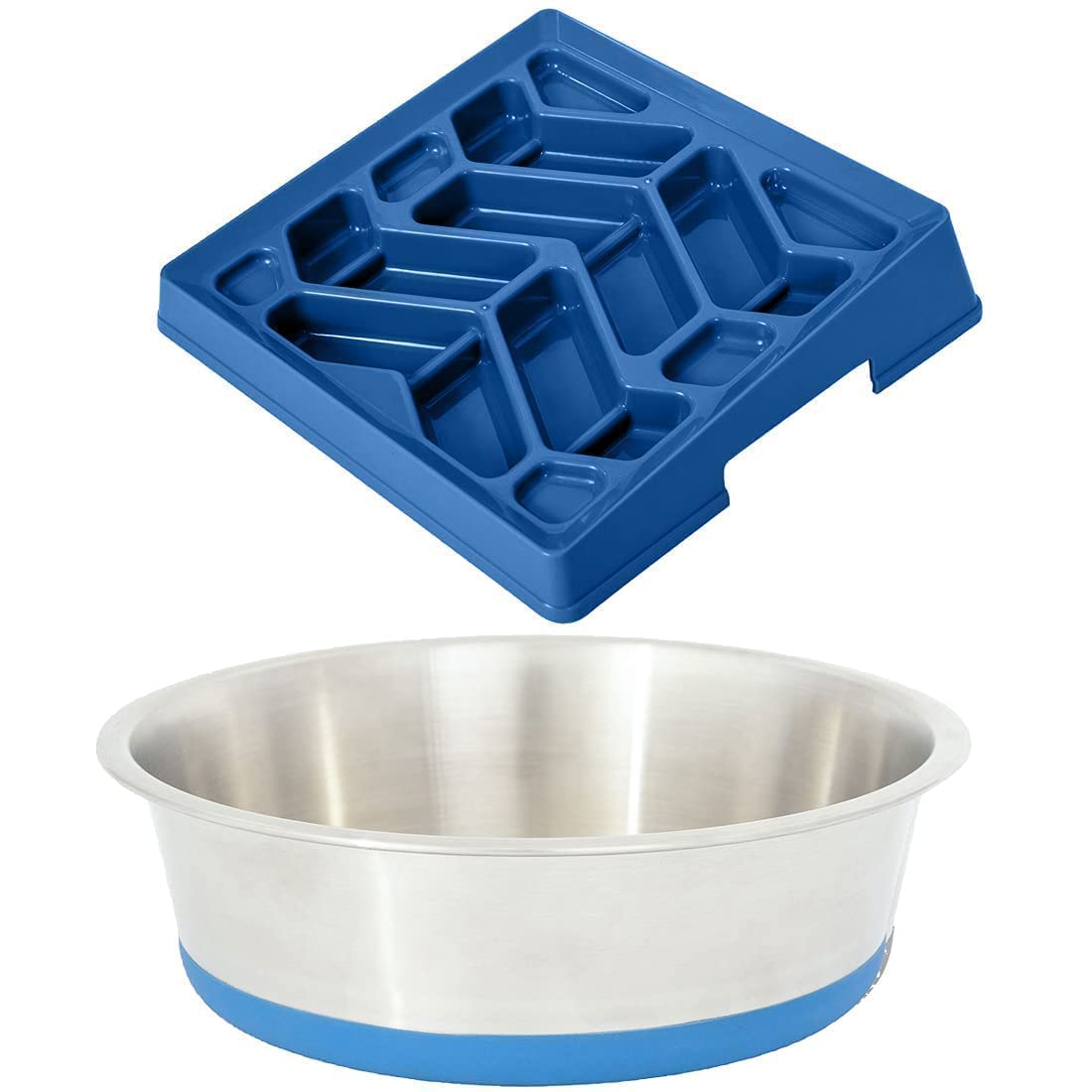 Leashboss Flat Face Feeder & Stainless Steel Bowl – Tilted Slow Feed Dog Bowl for Short Snout Breeds (Blue) + 8-Cup Non-Skid Silicone Base Stainless Steel Dog Bowl – Perfect for Pugs, Bulldogs & Brachycephalic Dogs During Mealtime
