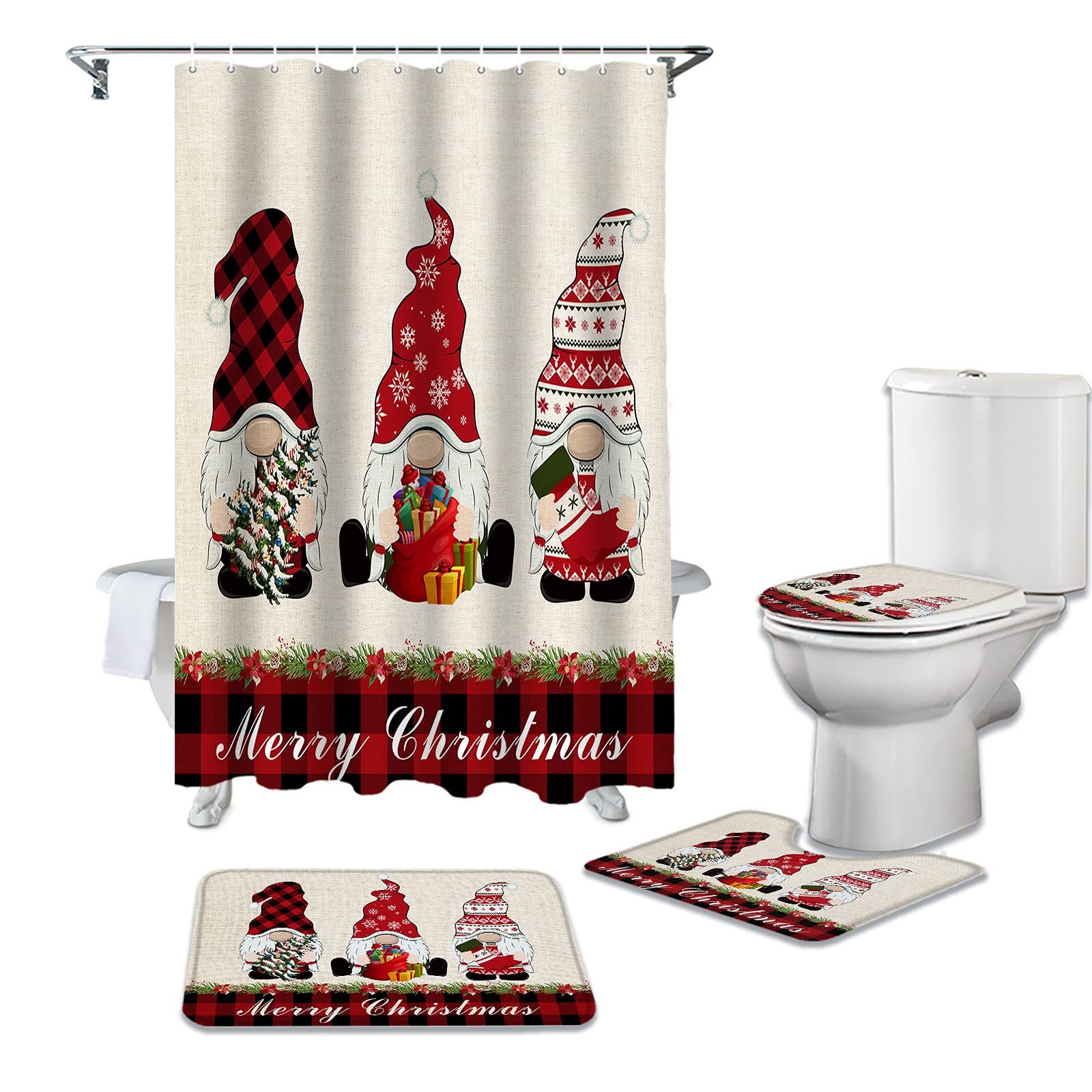 4PCS Christmas Bathroom Mat Set - Non-Slip Gnome Buffalo Check Plaid Shower Curtain Rugs & Toilet Seat Cover - Farmhouse Holiday Decor for Xmas Bathroom, Kitchen, and Guest Room