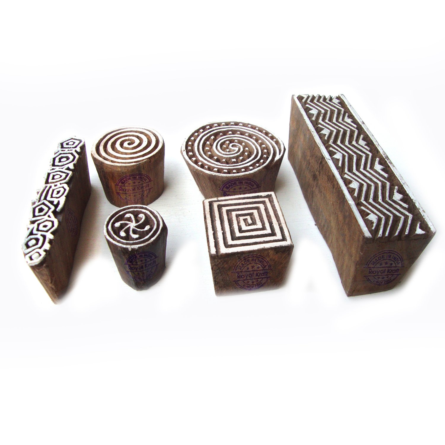 6-Piece Wooden Printing Stamp Set with Spiral & Geometric Patterns - DIY Scrapbooking, Card Making & Gift Wrapping Crafts