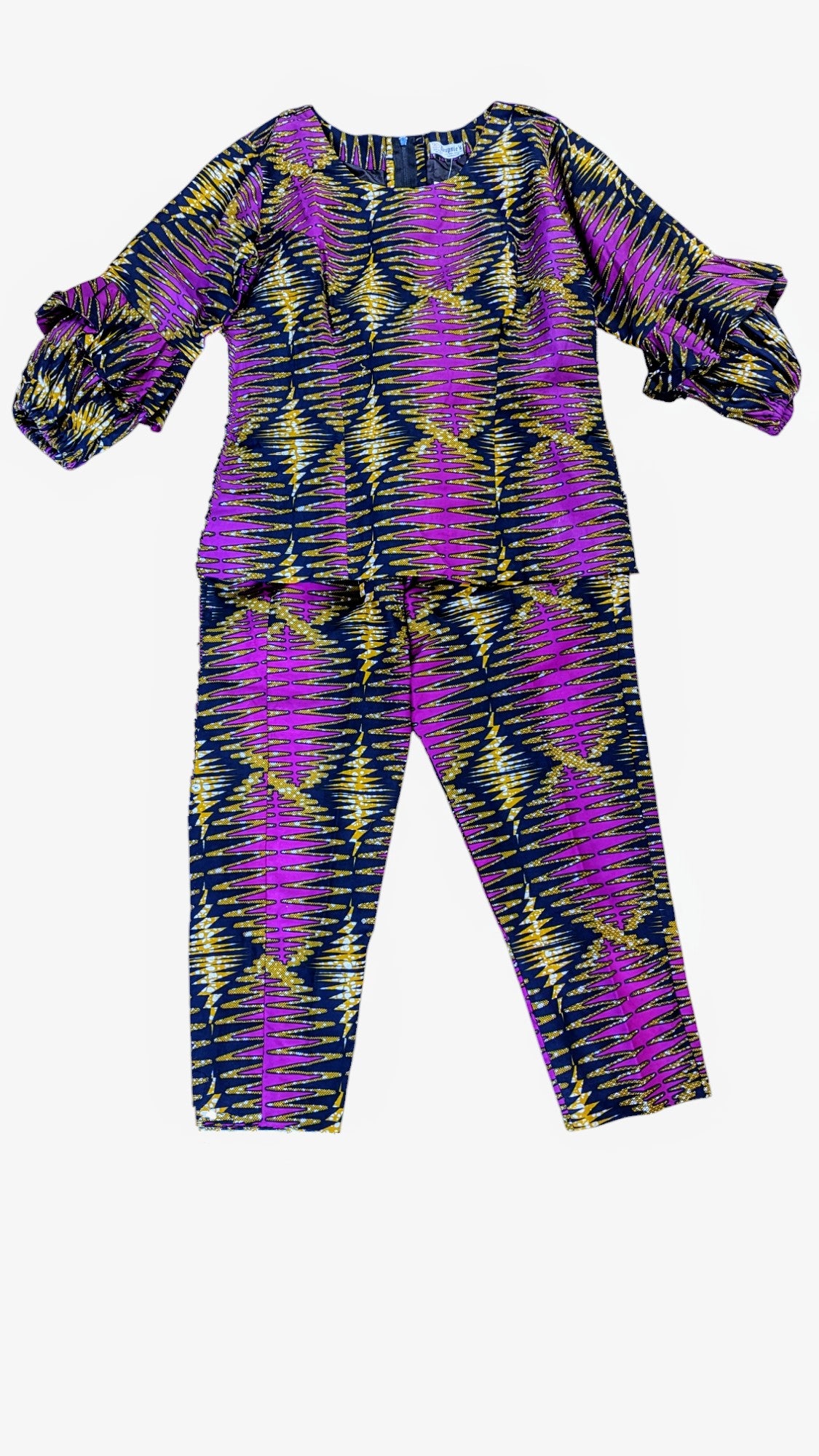 Stylish Purple Gold Navy Blue Kitenge Ankara African Print Top and Pants Suit | African Fashion Outfit for Women | Perfect for Parties, Weddings & Cultural Events