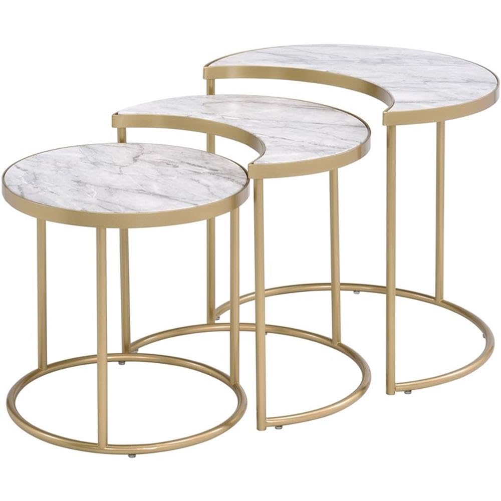 Acme Anpay 3-Piece Nesting Coffee Tables Set - Faux Marble Top with Gold Metal Frame | Modern Side End Tables for Living Room, Bedroom & Office Decor