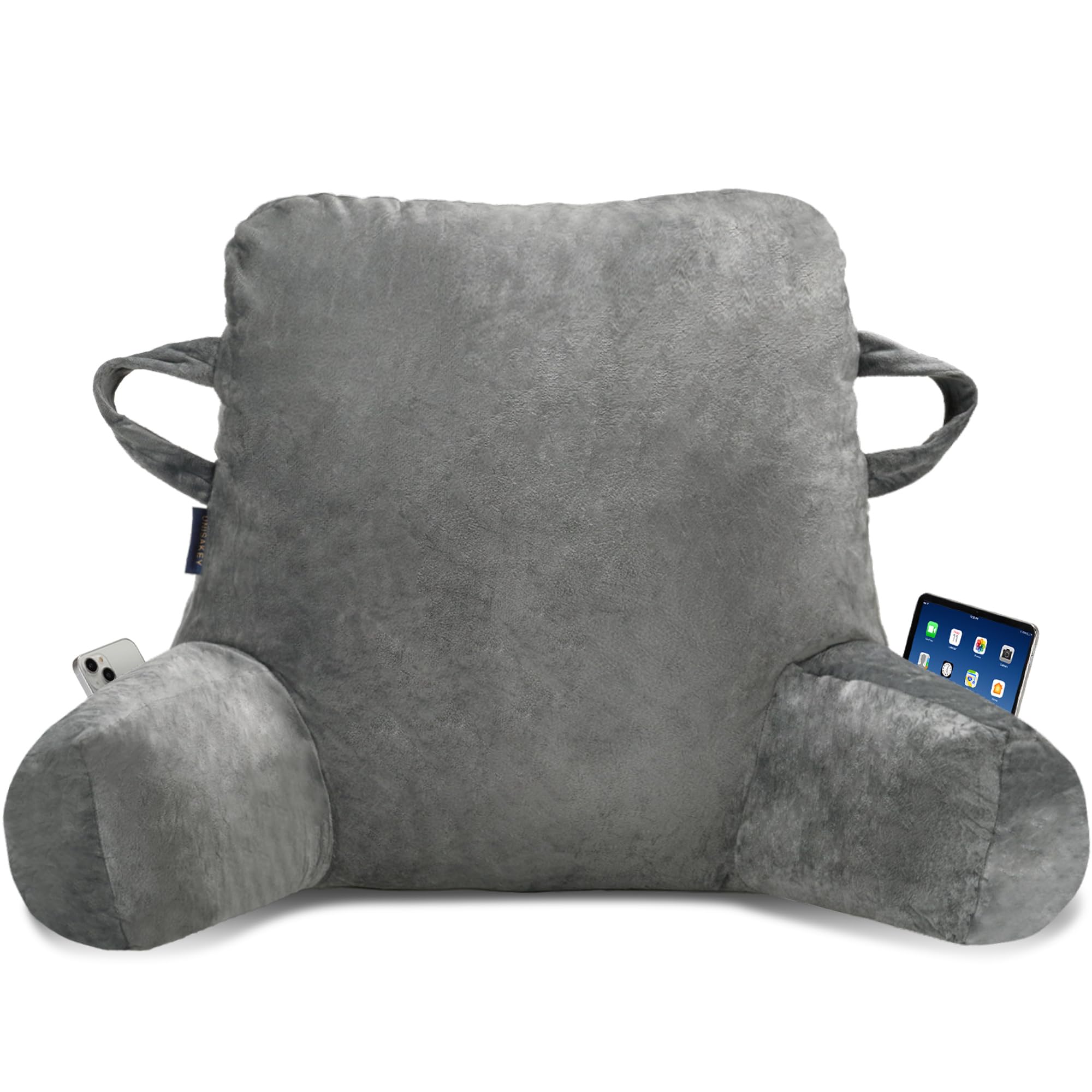 Portable Comfort Reading Pillow for Adults - Grey Bed Pillow with Arms & Pockets, Elastic Sponge Support & Washable Cover - Perfect for Reading, Watching TV, Gaming & Relaxing in Bed or on the Floor