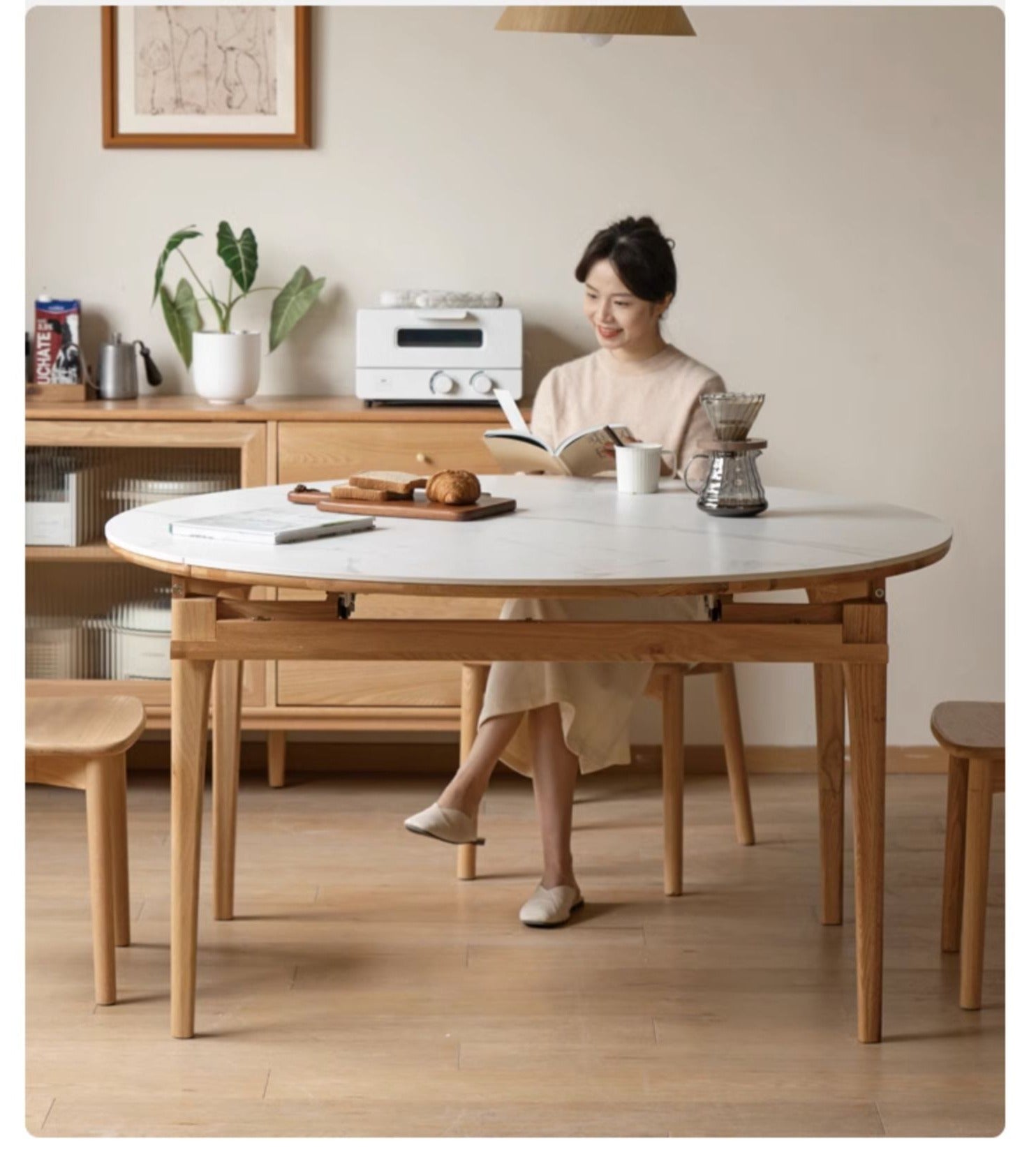 Solid Oak Round Folding Dining Table with Natural Stone Slab Top - Perfect for Small Spaces, Outdoor Dining & Home Decor