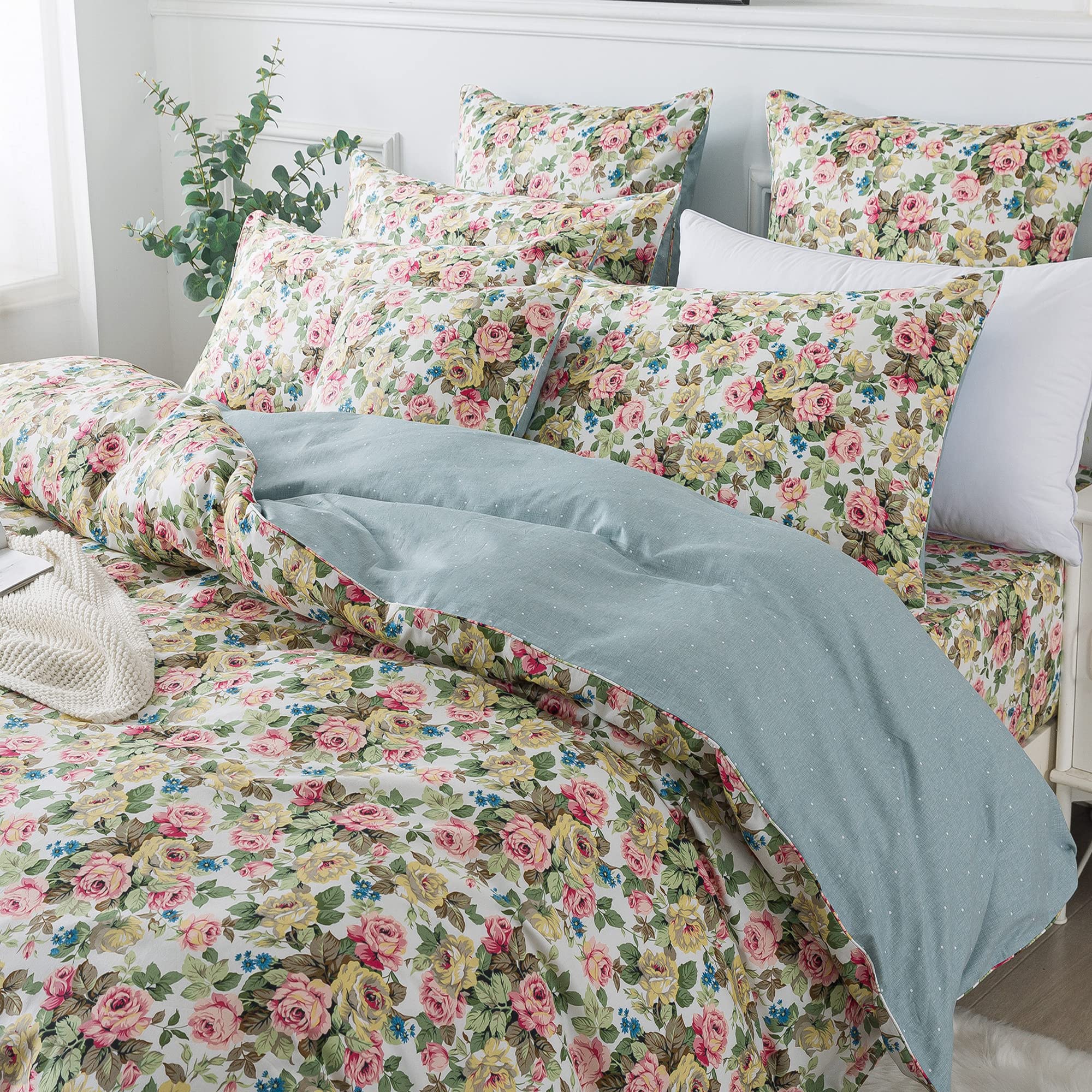 FADFAY Queen Size Duvet Cover Set - 100% Cotton Vintage French Country Rose Floral Bedding with Hidden Zipper | 3-Piece Farmhouse Style Comforter Cover for Girls' Room, Guest Bedroom & Cozy Farmhouse Decor