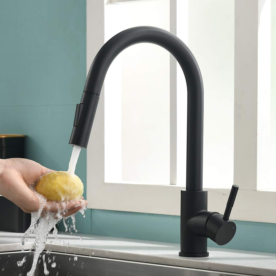 Modern Black Solid Brass Pull Down Kitchen Faucet - Single Handle Pull-Out Sprayer Sink Faucet for Easy Dishwashing & Food Prep | Perfect for Modern Farmhouse, Apartment & RV Kitchens