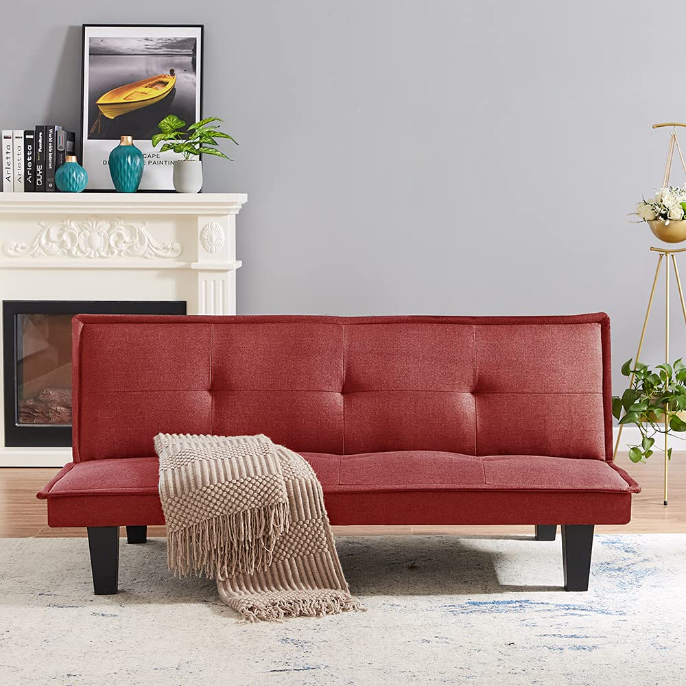 Modern Fabric Futon Sofa Bed - Convertible Folding Sleeper Couch for Living Room, Guest Room & Small Spaces (Red) | Perfect for Apartments, Dorms & Home Offices