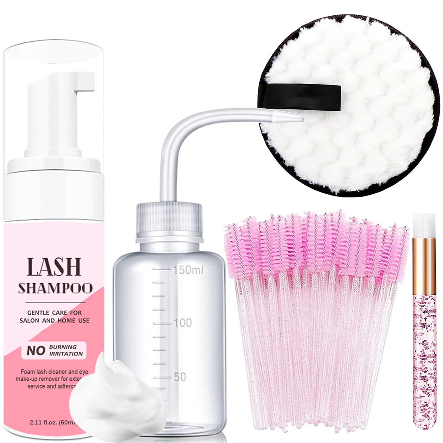 50ml Eyelash Extension Cleanser & Lash Shampoo Kit - Includes 50pcs Eyelash Brushes, Cleaning Brushes, Makeup Remover Pads & Rinse Bottle for Salon & Home Use (Pink) - Perfect for Lash Extension Aftercare & Gentle Cleansing