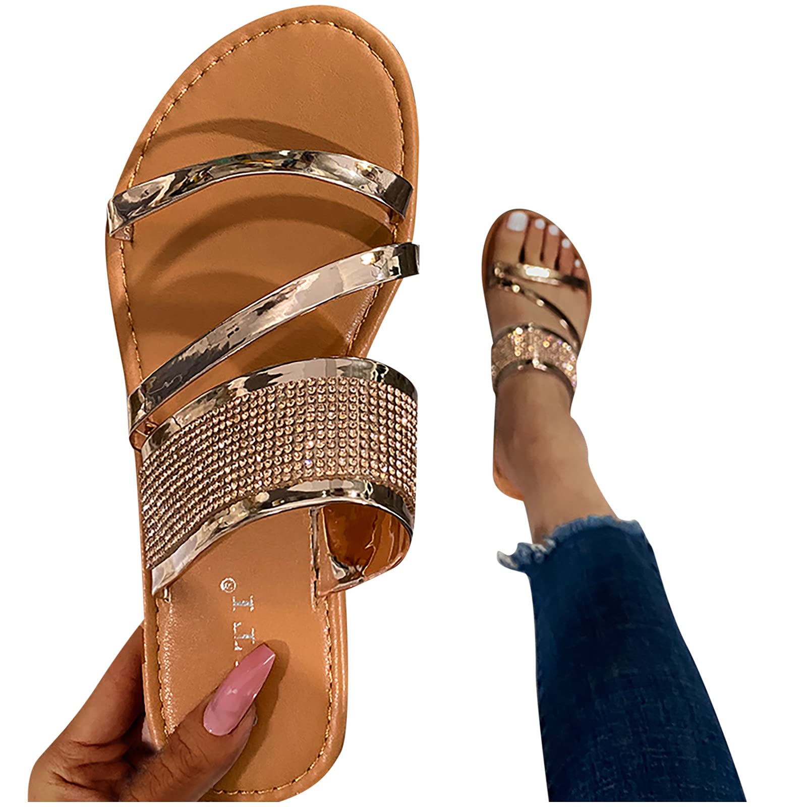 Women's Rhinestone Sandals - Comfortable Shining Summer Slippers for Beach, Travel & Casual Wear | Roman Style Flat Sandals for Outdoor Walking & Vacation