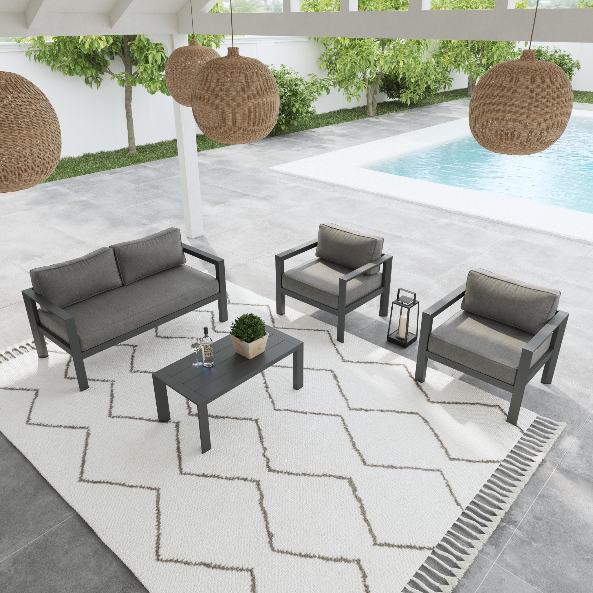 Grayton Modern Outdoor Aluminum Loveseat Set with Lounge Chairs & Coffee Table - Patio, Garden, Poolside Furniture for Relaxing & Entertaining