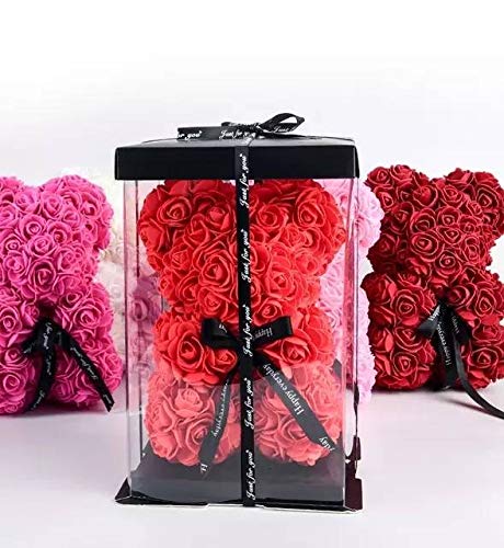 10 Inch Red Rose Bear Teddy - Artificial Flower Stuffed Animal Gift for Valentine's Day, Mother's Day, Anniversary, Birthday & Bridal Shower | Romantic Home Decor with Clear Gift Box | Perfect for Couples, Weddings & Special Occasions