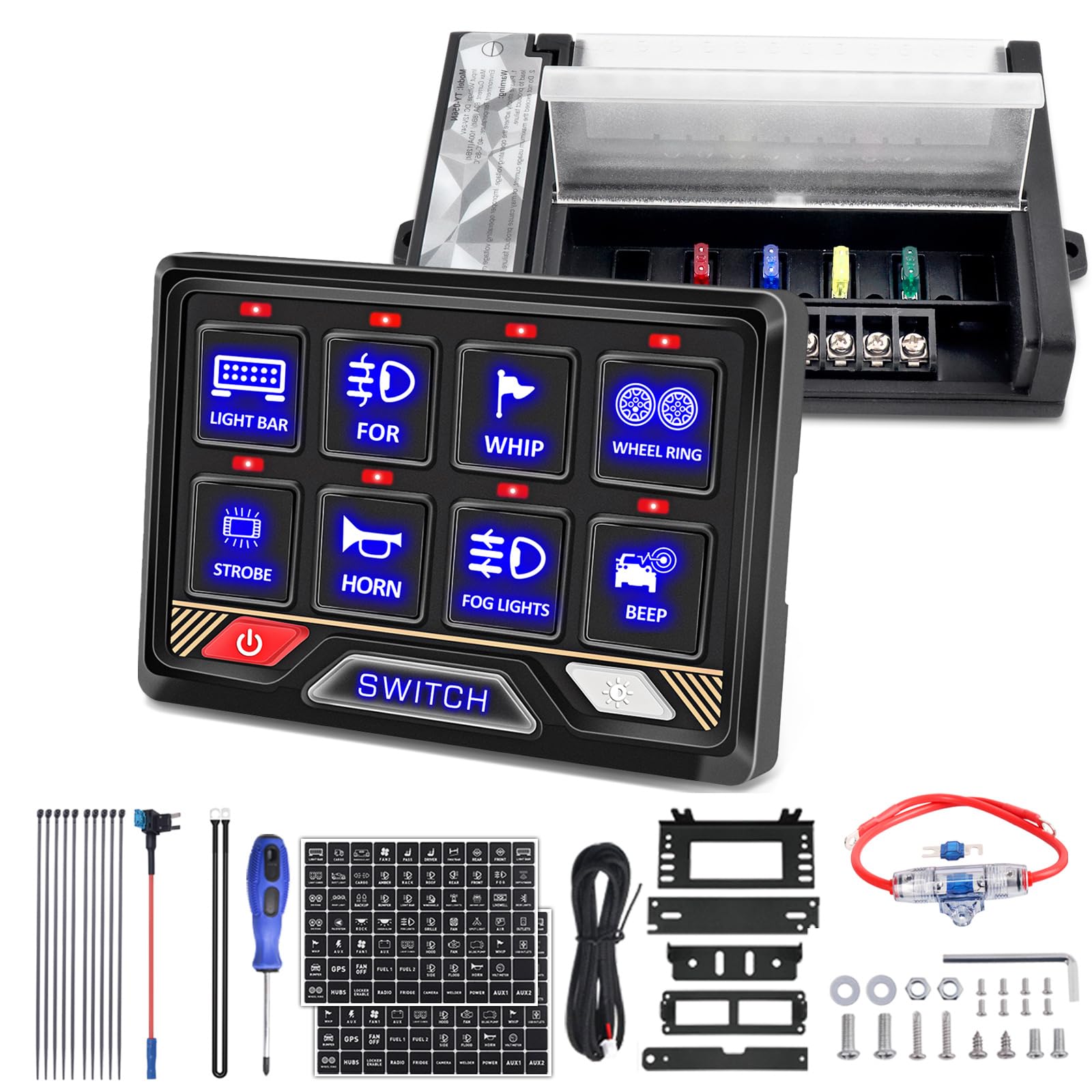 8 Gang RGB LED Switch Panel - Waterproof Aluminum Universal Relay Control Box for UTV, ATV, RV, Car, Boat, Truck & Trailer | Multi-Vehicle Lighting & Circuit Control System