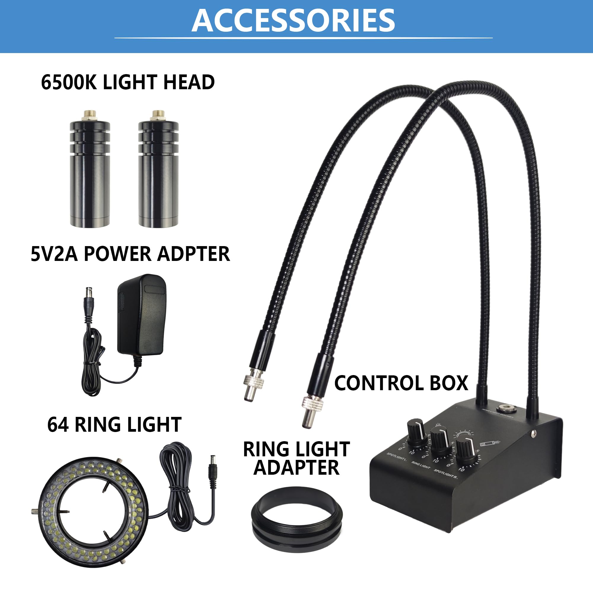 6W 6500K Dual Gooseneck Microscope Light with 64 LED Ring Illuminator - Adjustable Spotlight for Industrial Digital Stereo Microscopes, PCB Repair, Soldering - Perfect for Electronics Workbench, Jewelry Making, and Scientific Research