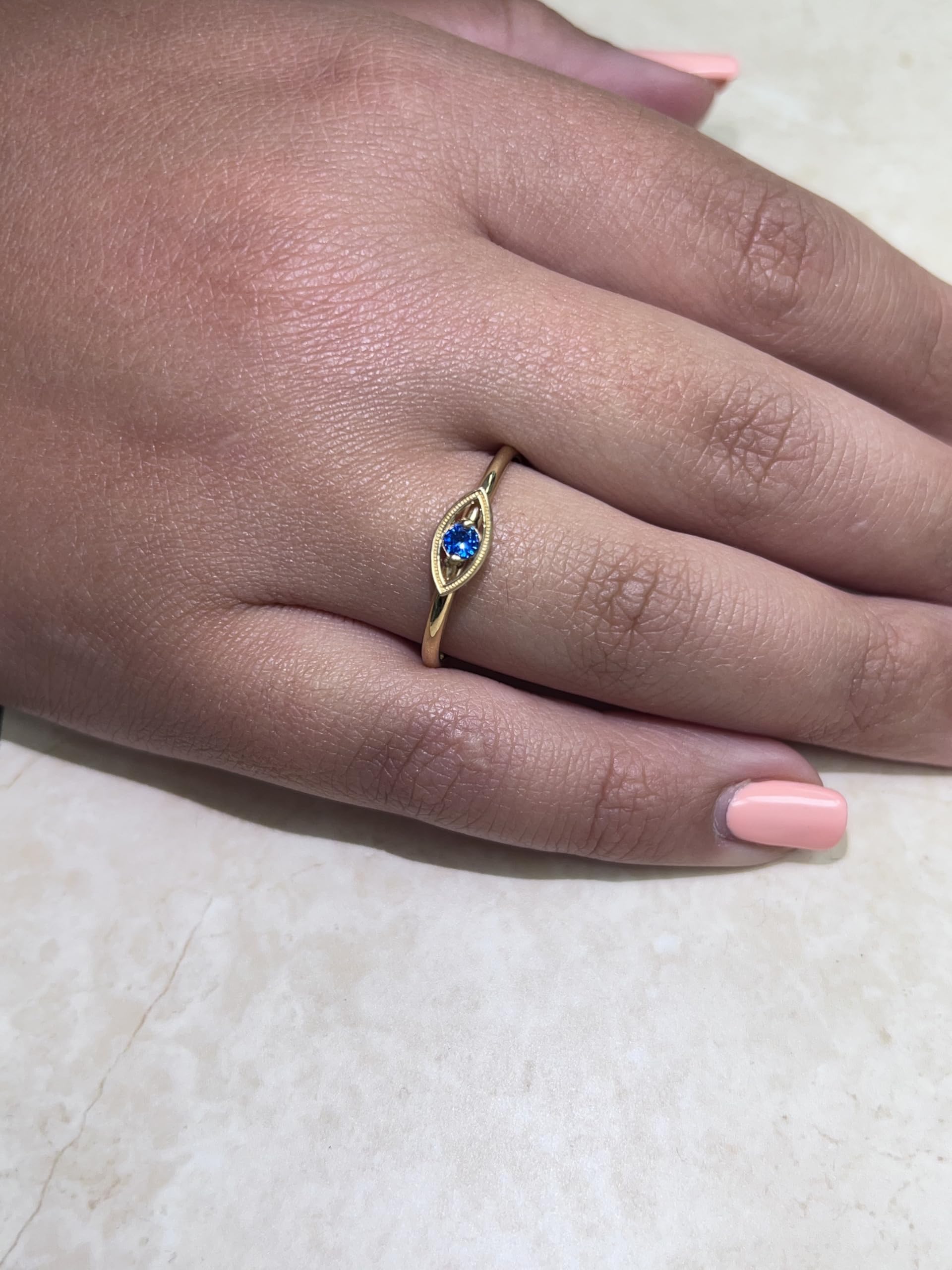 10K Solid Gold Evil Eye Ring with Round Cubic Zirconia - Rose/White/Yellow Gold Stackable Eternity Band, Dainty Blue Solitaire Birthstone - Handmade in USA - Perfect Gift for Women, Bridesmaids, Birthday & Protection Jewelry