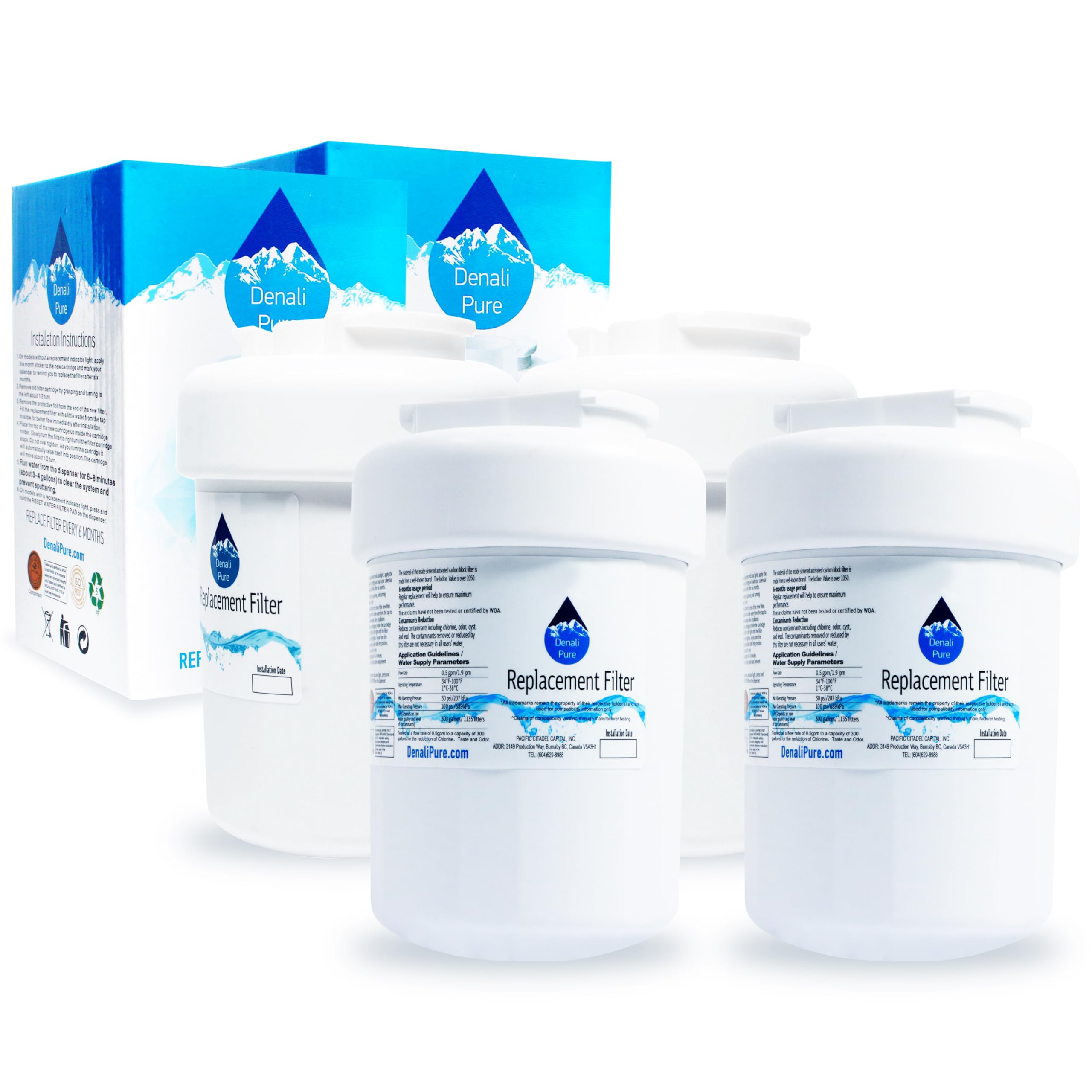 4-Pack GE GSHL5KGXDCLS Refrigerator Water Filter Replacement - Compatible with MWF & MWFP Fridge Filters | Clean Drinking Water for Home & Office Use
