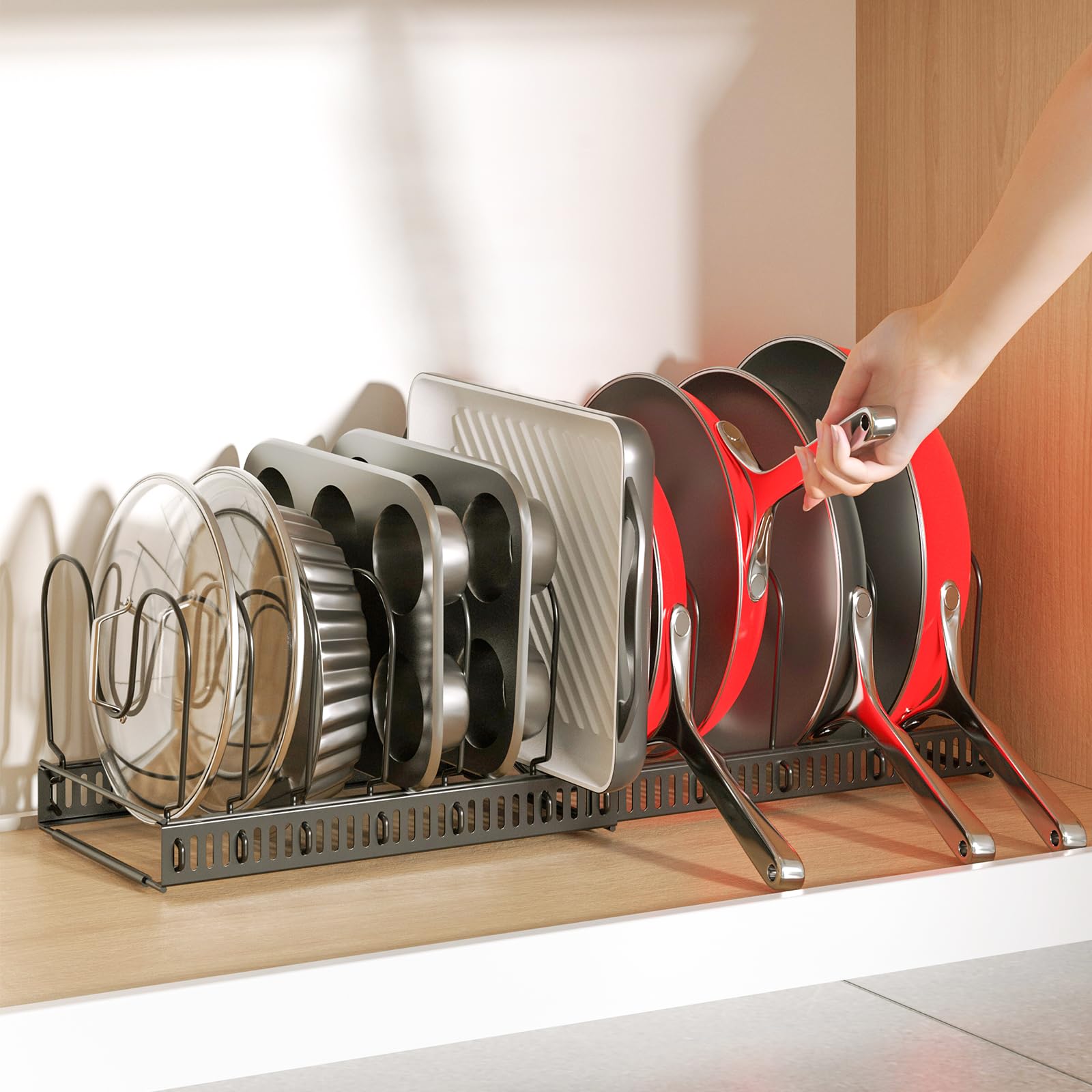 ORDORA Pots and Pans Organizer - Under Cabinet Storage Rack, 11.8'' to 22.8'' Extendable with 12 Adjustable Dividers, Kitchen Cabinet Organizer for Pots, Pans, Lids - Perfect for Small Kitchens, RV, Apartment & Dorm Organization