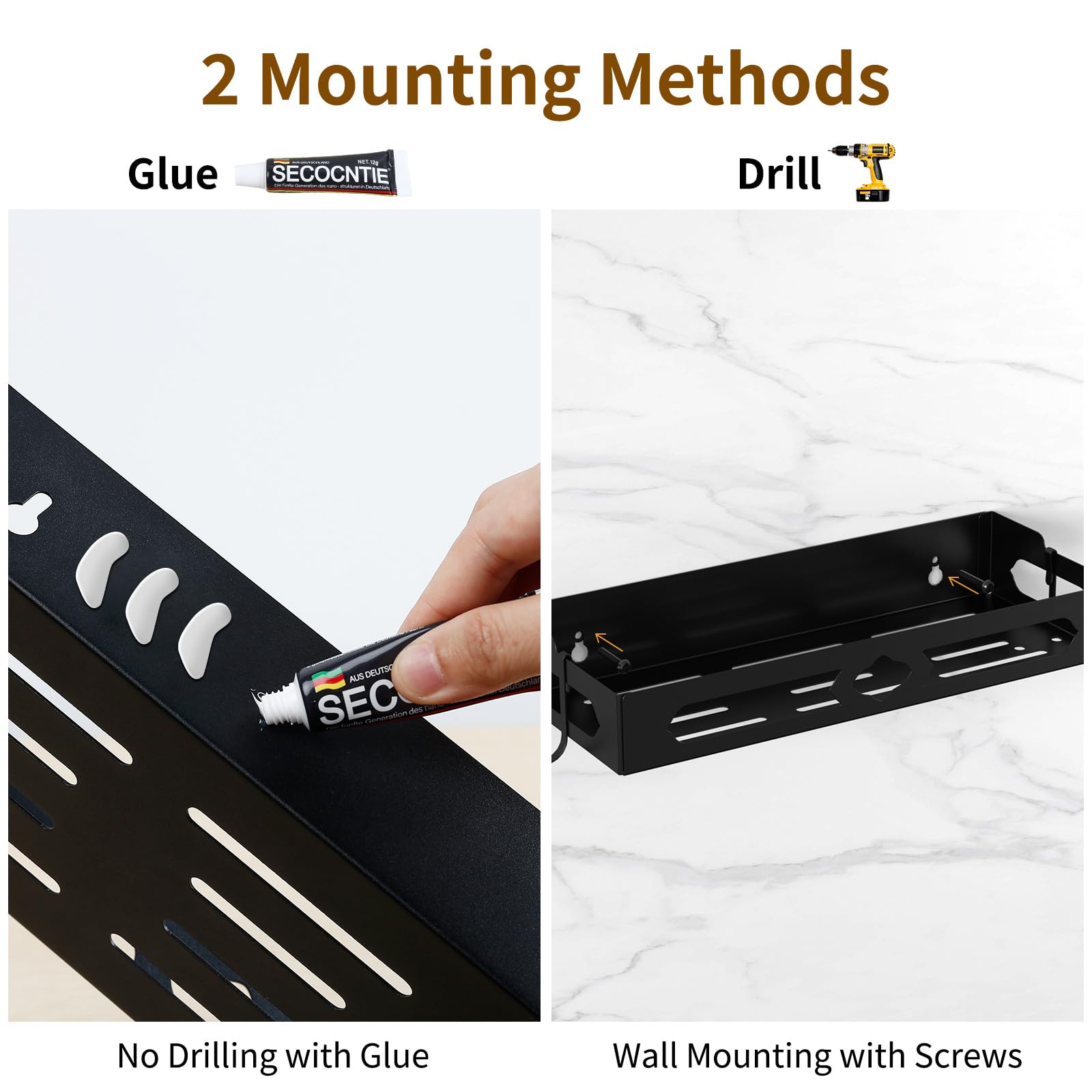 Wall Mount Paper Towel Holder for Kitchen & Bathroom - Easy One-Handed Operation, Self-Adhesive with Shelf & 2 Hooks - Perfect for RV, Office, Laundry Room - Black