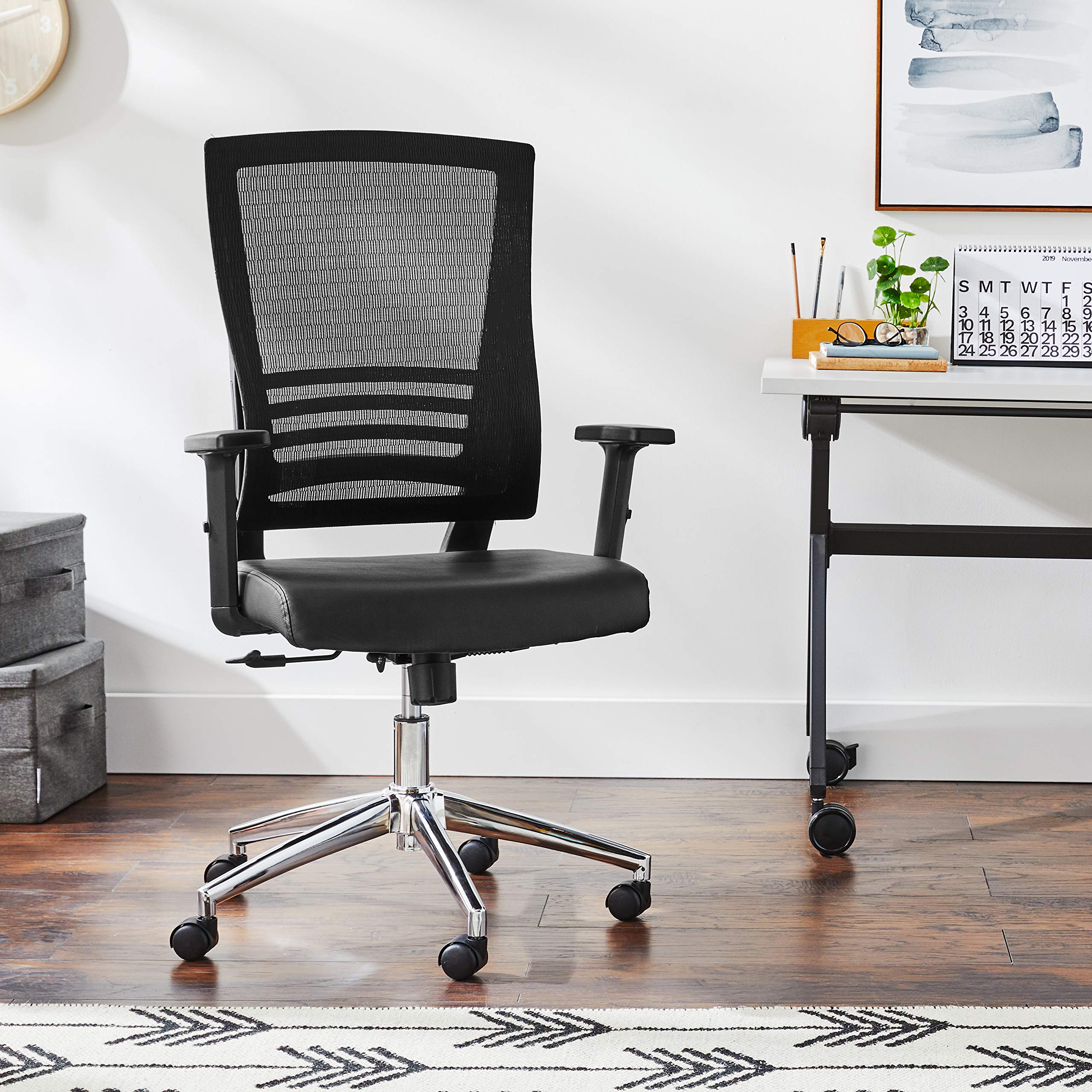 Office Star Ergonomic Mesh Back Office Chair with 2-to-1 Synchro Tilt Control, Adjustable Padded Arms & Chrome Frame - Black Bonded Leather for Home Office & Workspace Comfort