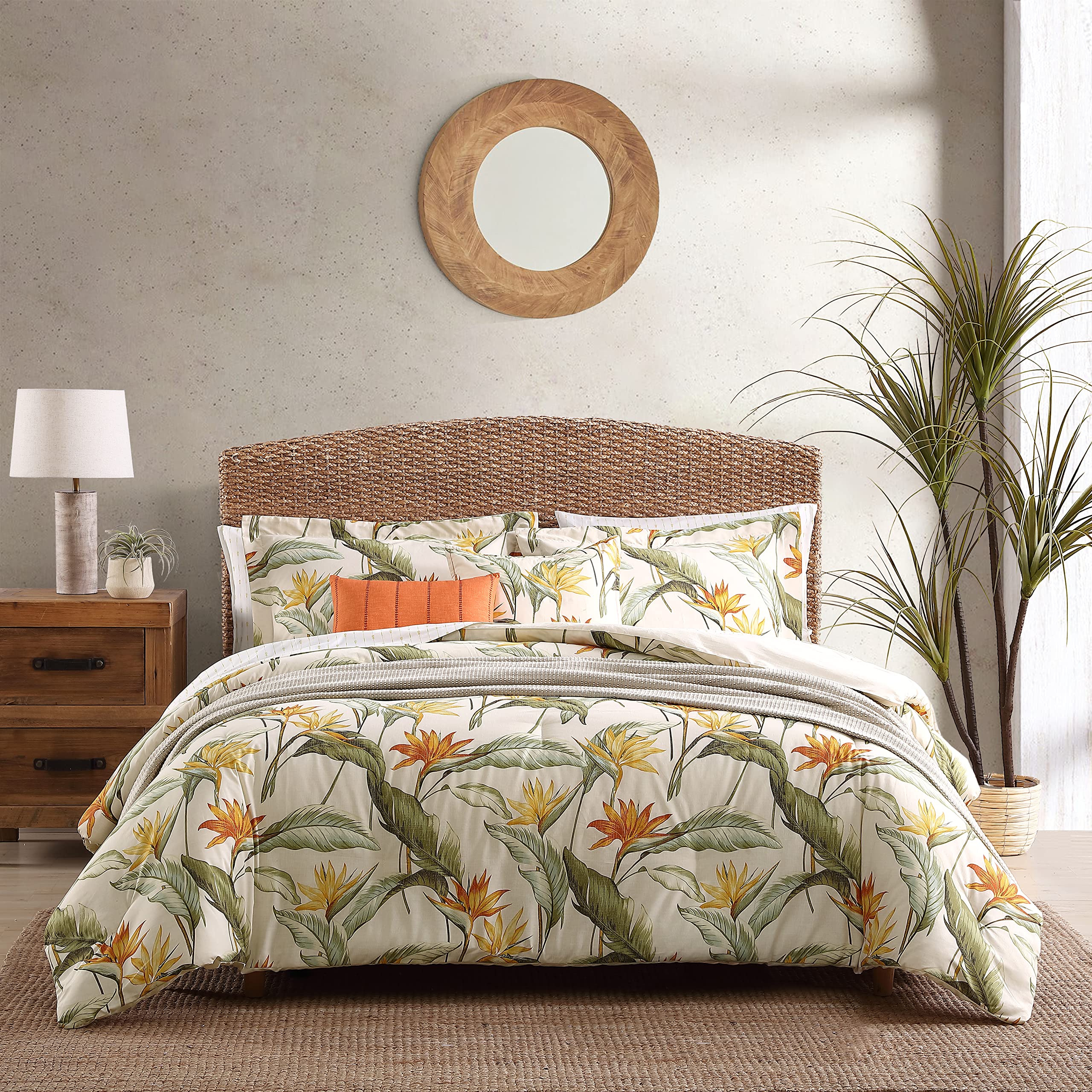 Tommy Bahama Queen Comforter Set - Reversible 100% Cotton Bedding with Matching Shams & Bonus Throw Pillows | Ultra Soft Luxury Bedding for Master Bedroom & Guest Room (Birds of Paradise Off-White, Queen Size)