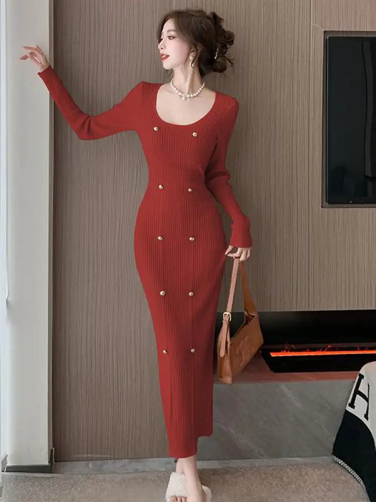 French Fashion Women's Elegant Long Sleeve Knit Dress - Square Neck Wrap Hip Office Dress for Autumn Winter | Slim Fit & Comfortable for Work, Parties & Date Nights