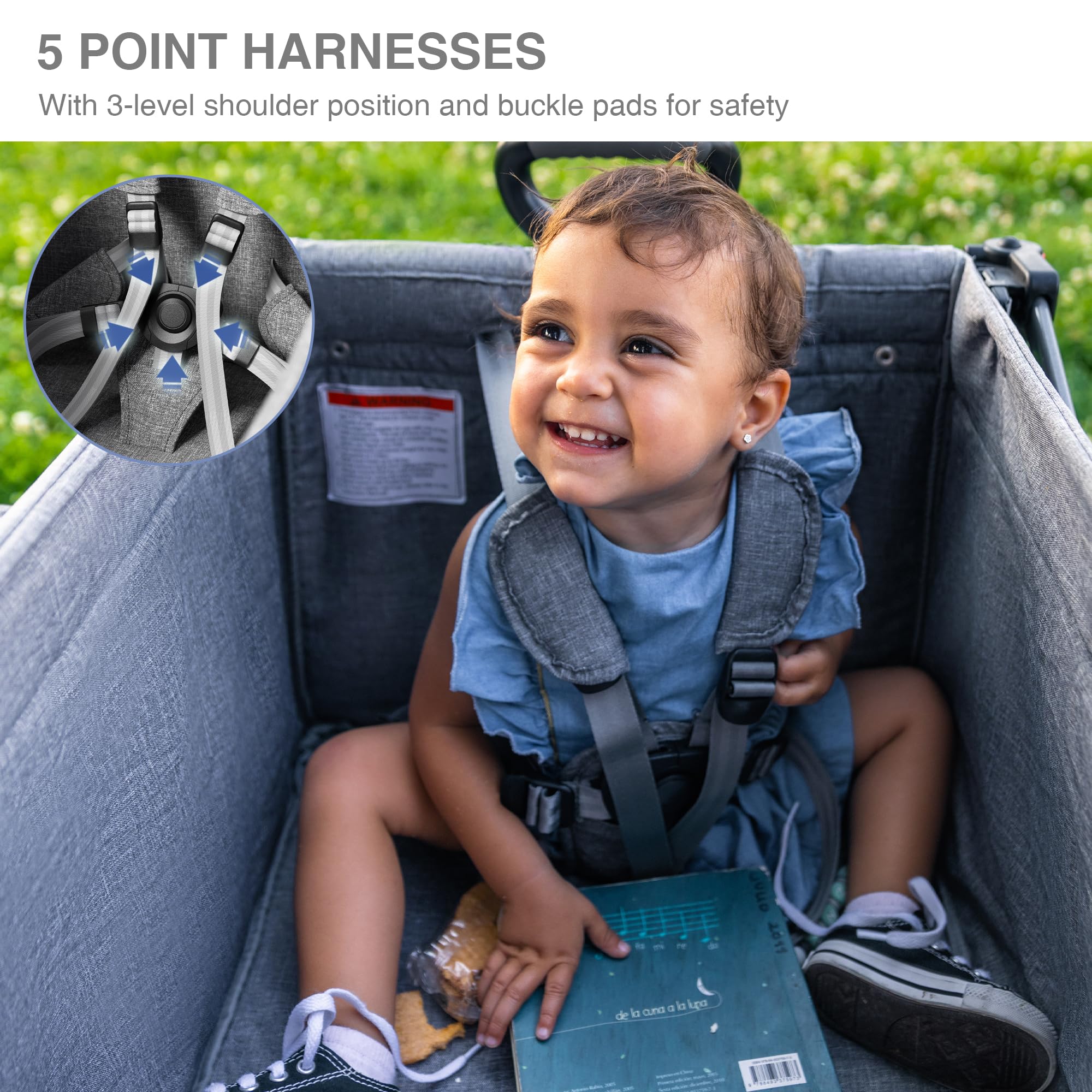 EVER ADVANCED Foldable Wagon for Kids & Cargo - Collapsible Stroller with Adjustable Handle & Removable Canopy, 5-Point Safety Harness (Gray) - Perfect for Beach Trips, Camping, Shopping & Outdoor Adventures