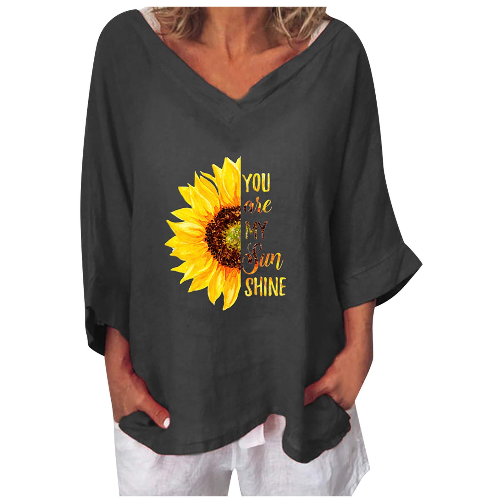Vintage Sunflower Graphic T-Shirt for Women - 'You Are My Sunshine' Casual V-Neck Top | Summer Fashion, Boho Style, Gift for Her