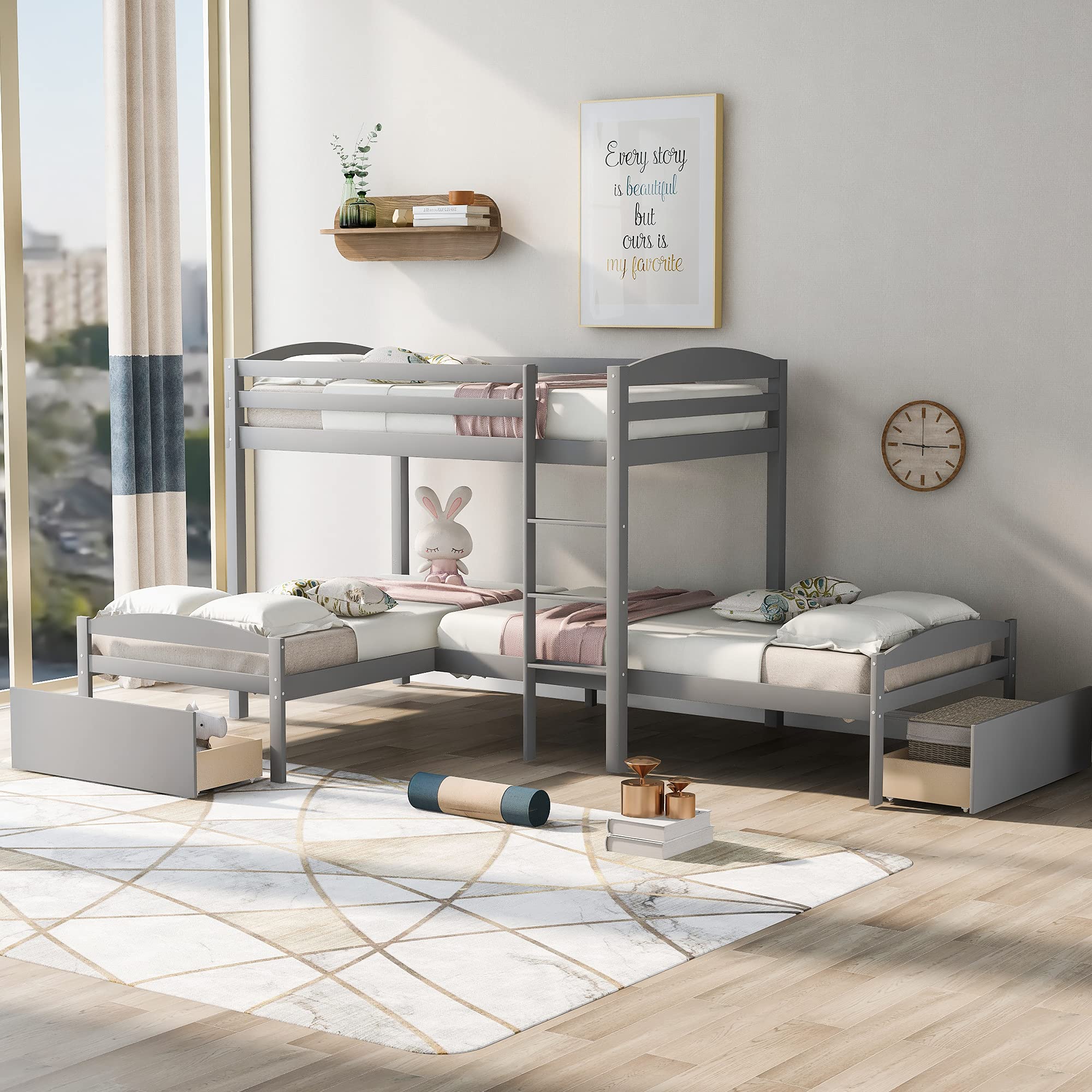 L-Shaped Triple Bunk Bed with 2 Drawers & Ladder - Sturdy Pine Wood Frame with Safety Guardrail for Kids, Teens, Boys & Girls - Space-Saving Bedroom Solution for Siblings & Sleepovers (Gray)