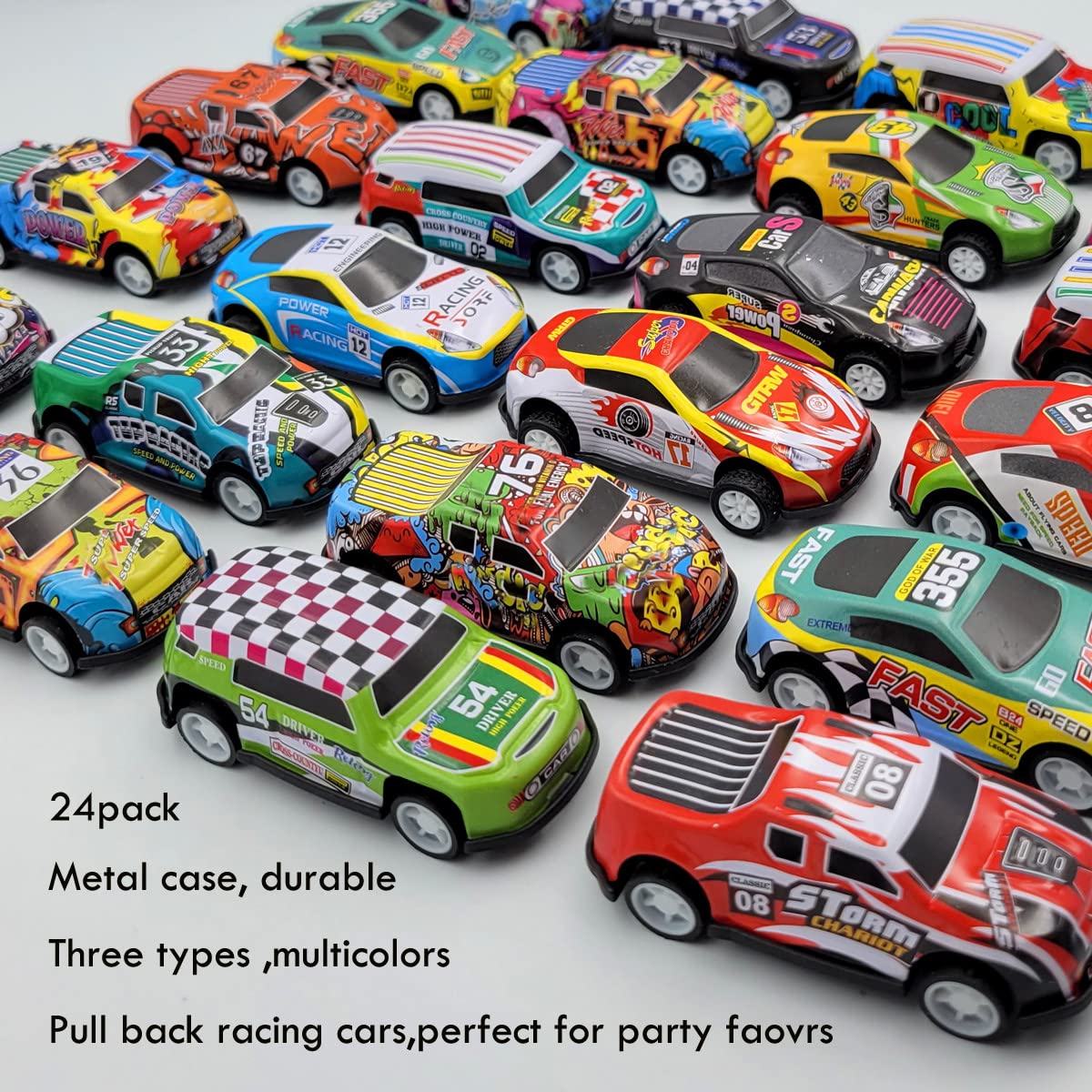 SeeuFun 24 Pack 2.7 Inch Pull Back Racing Cars - Die Cast Metal Friction Powered Toy Vehicles Set for Kids (Boys & Girls) - Perfect for Birthday Gifts, Party Favors & Pretend Play Racing Games