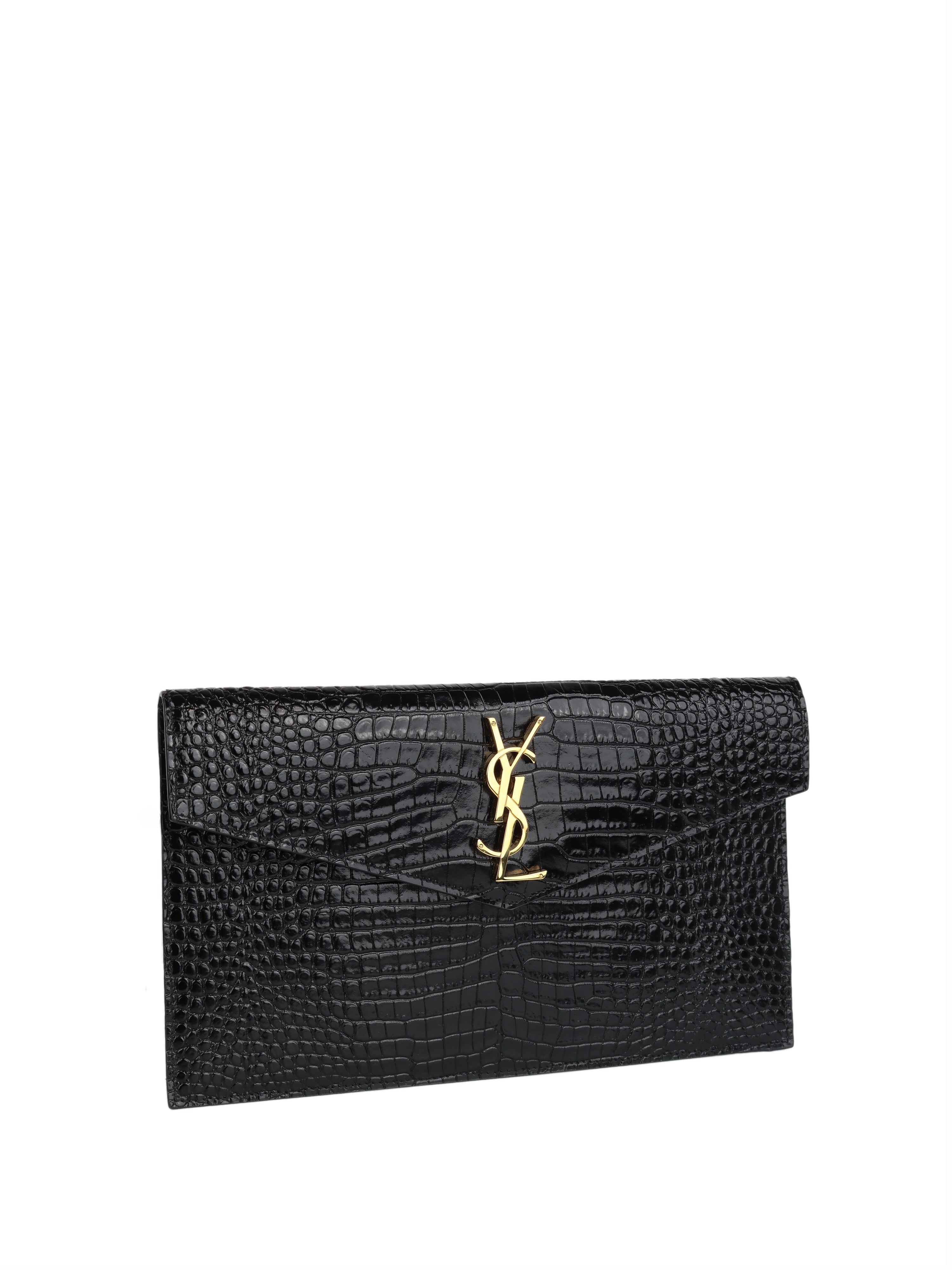 Saint Laurent Black Croc Embossed Uptown Pouch with Gold Hardware - Luxury Evening Clutch for Women, Perfect for Parties, Weddings & Special Occasions