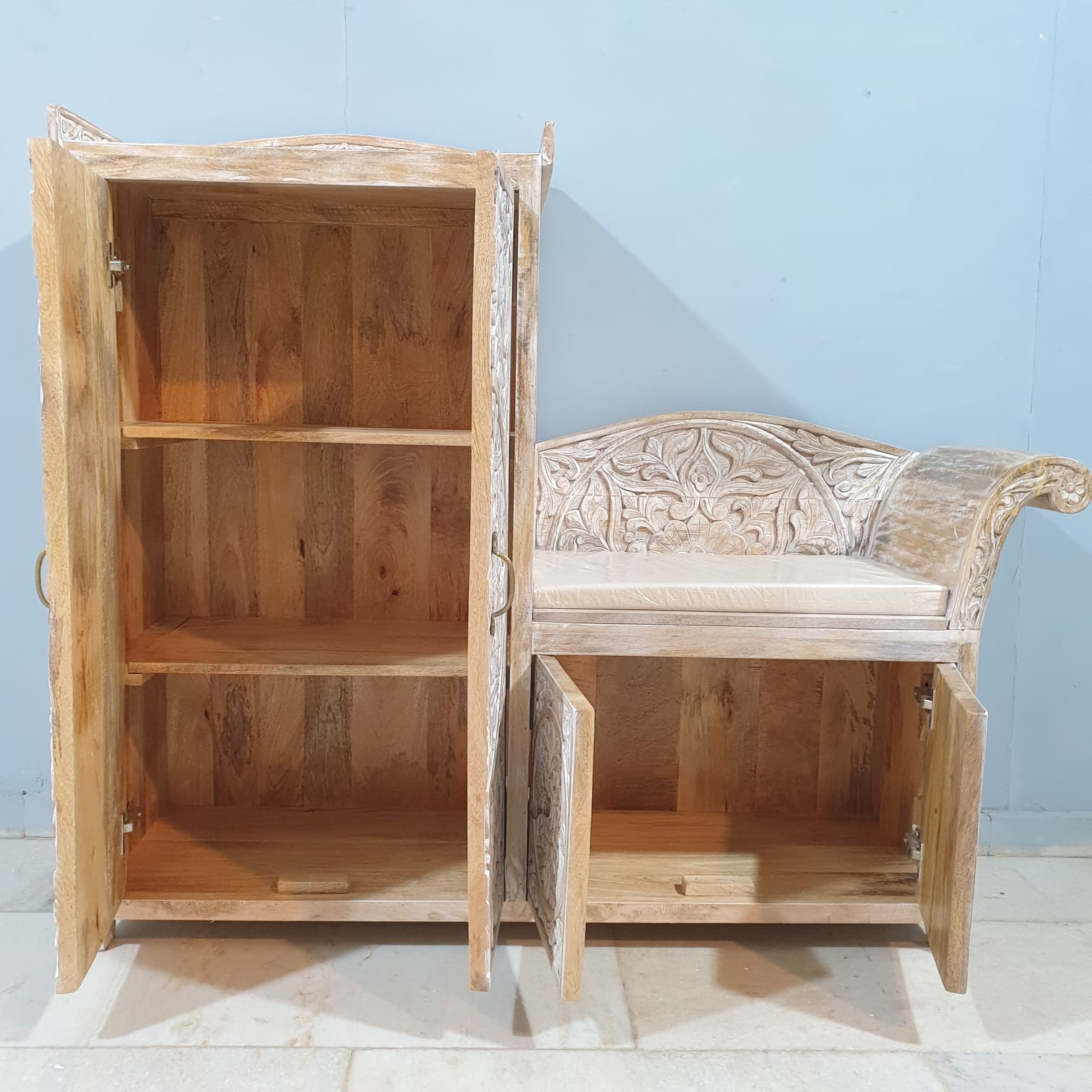 Handcrafted Solid Wood Indian Carved Seat Bench 140x120cm - Whitewash Finish for Boho & Farmhouse Decor | Perfect for Living Room, Bedroom, or Entryway