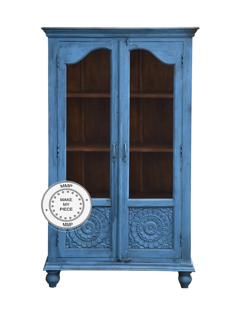 Hand Carved Floral Indian Wooden Bookshelf Cabinet in Blue - Perfect for Home Decor, Living Room Storage & Boho Style Interiors