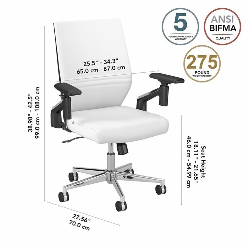 Bush Furniture Cabot Mid Back Leather Office Chair - White | Ergonomic Executive Chair for Home & Office Workspace, Comfortable Desk Chair with Adjustable Height & Lumbar Support