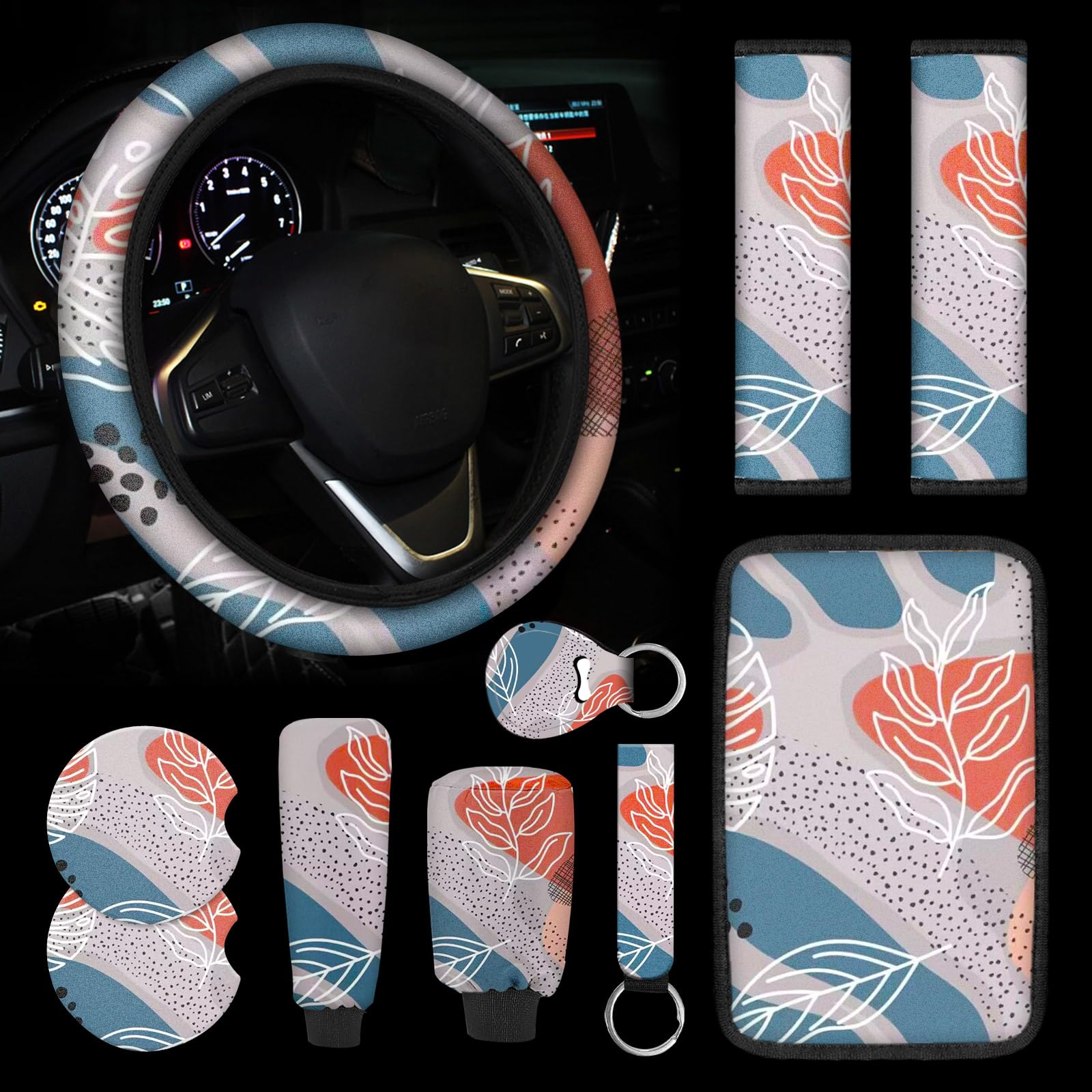 10-Piece Abstract Art Car Interior Set - Steering Wheel Cover, Armrest Pad, Headrest Covers, Seat Belt Pads, Handbrake Cover & Keychain Coasters for SUV & Cars | Modern Vehicle Decor & Protection (Abstract Design 2) | Perfect for Daily Commute, Road Trips & Car Enthusiasts