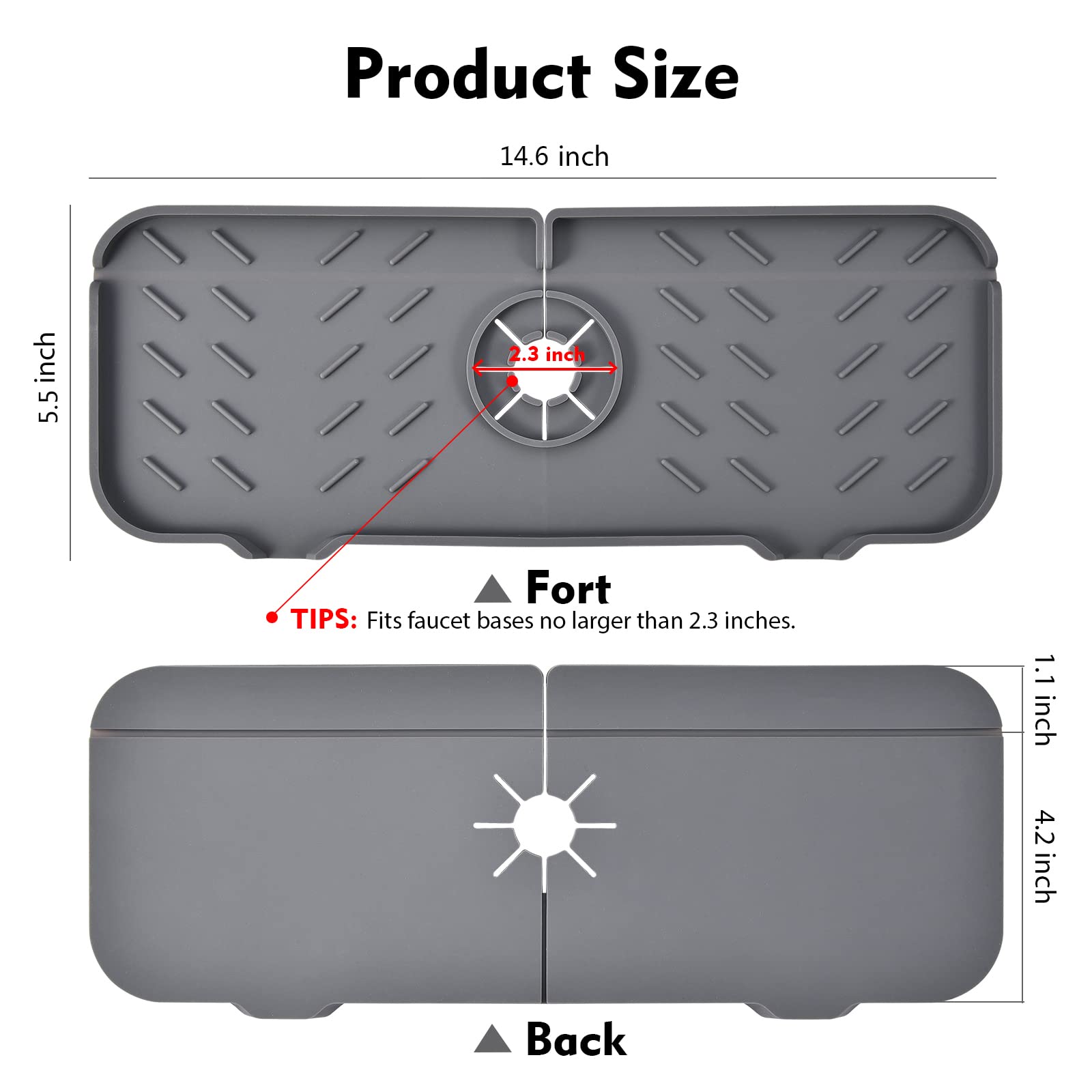 VENMATE Silicone Faucet Mat - 2 Pack Non-Slip Sink Splash Guard for Kitchen & Bathroom | Water Catcher & Draining Pad Behind Faucet | Perfect for Countertop Protection & Keeping Surfaces Dry (Grey)