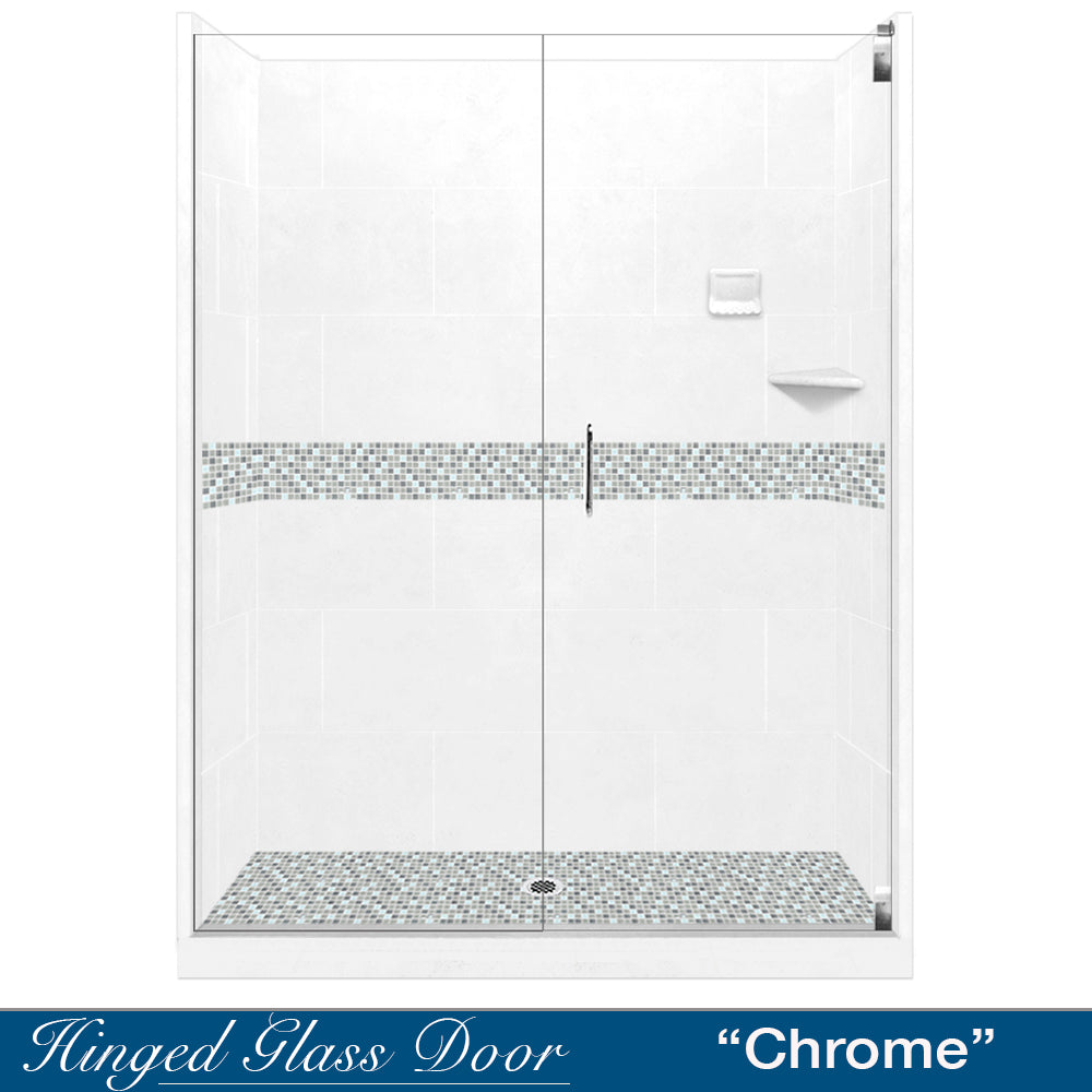 60 Alcove Natural Buff Sistine Stone & Del Mar Mosaic Accent DIY Shower Remodel Kit with Free Shampoo Niche - Bathroom Renovation Tile Set for Shower Walls and Backsplash