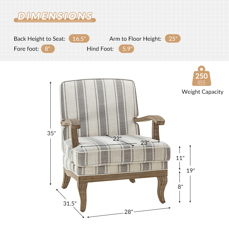 Randolph Romantic Upholstered Stripes Armchair with Solid Wood Armrests - Comfortable Living Room Accent Chair for Home Decor & Relaxation