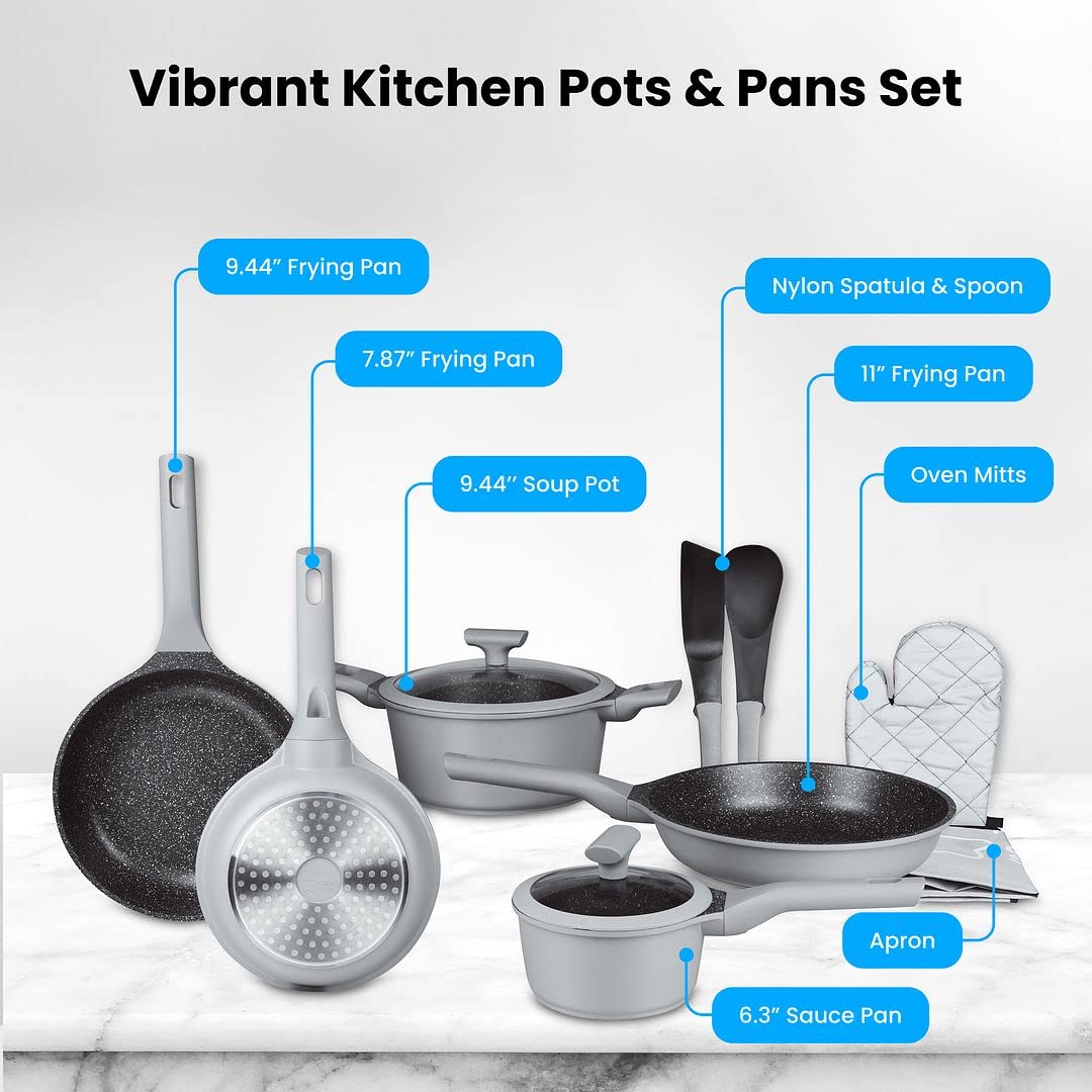 **Chef's Star Nonstick Pots and Pans Set - 10-Piece Aluminum Cookware Set with Silicone Handle, Nonstick Frying Pans, Oven Safe & Dishwasher Safe - Includes Oven Gloves & Apron (Gray) - Perfect for Home Cooking, Baking & Everyday Kitchen Use**