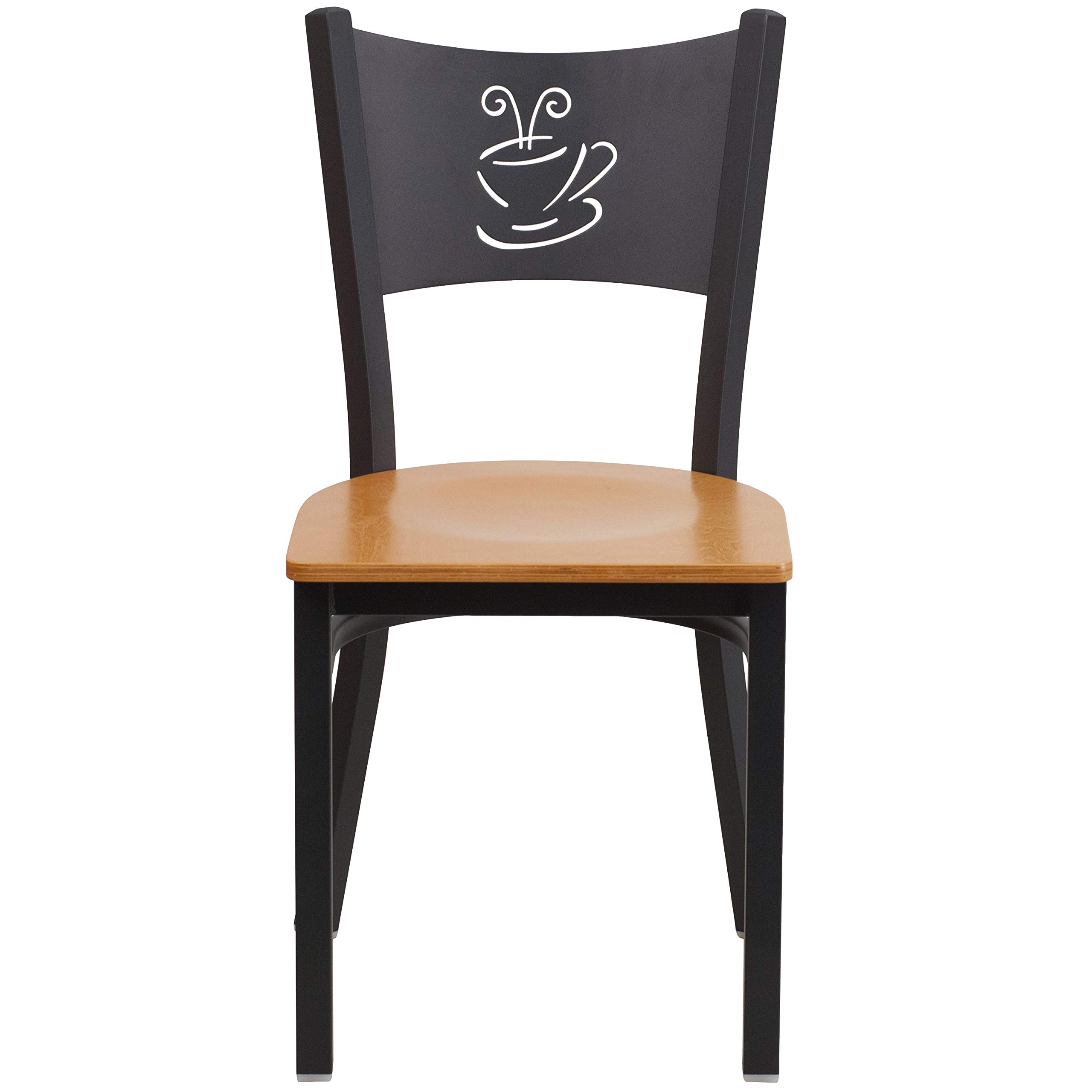 EMMA + OLIVER Black Coffee Metal Restaurant Chair with Natural Wood Seat - Modern Cafe Bistro Dining Chairs for Restaurant, Coffee Shop, and Home Kitchen Use