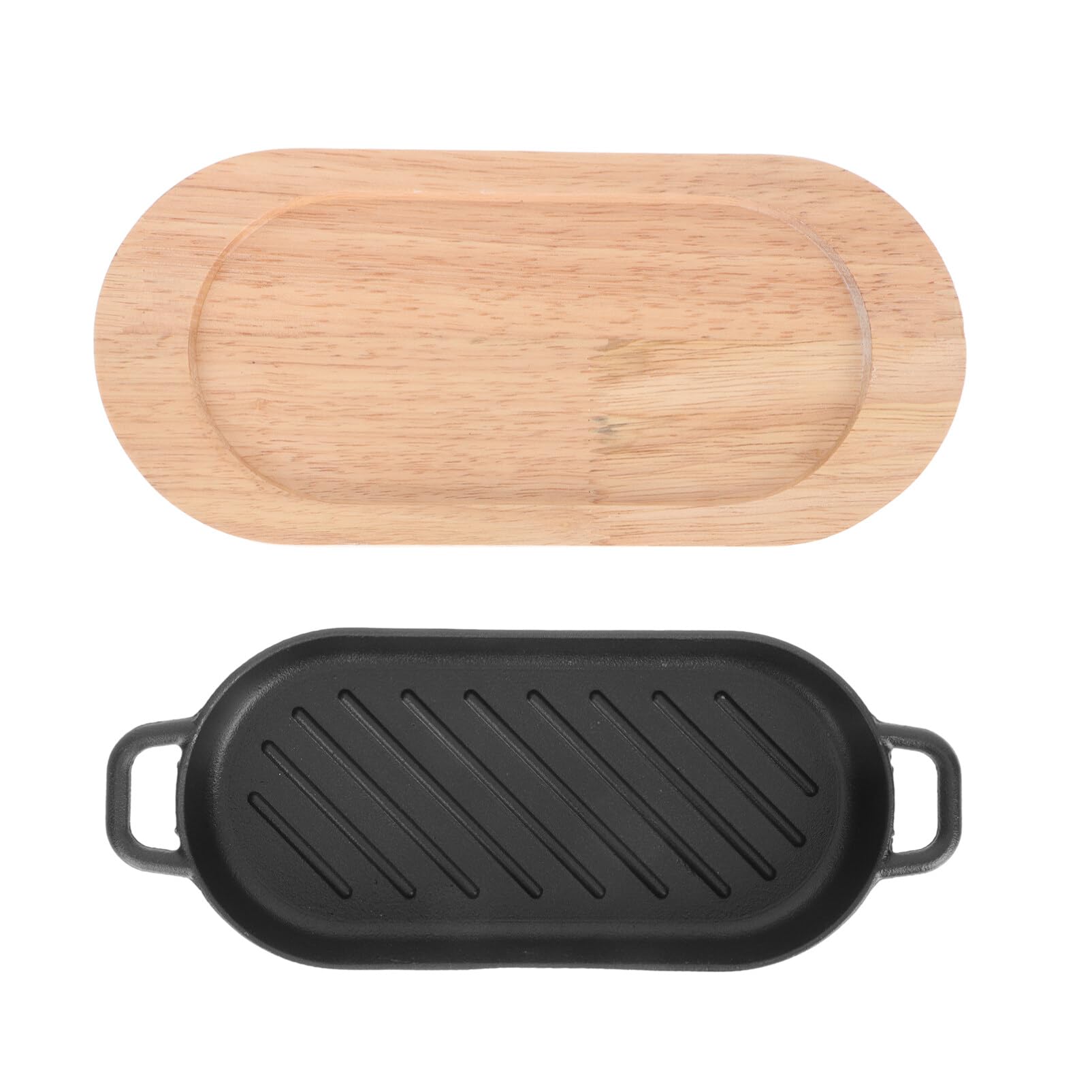 Pre-Seasoned Cast Iron Sizzling Plate with Wooden Base - Steak Platter, Fajita Pan & Japanese Teppanyaki Grill for Restaurants, Home Dining & Outdoor BBQ